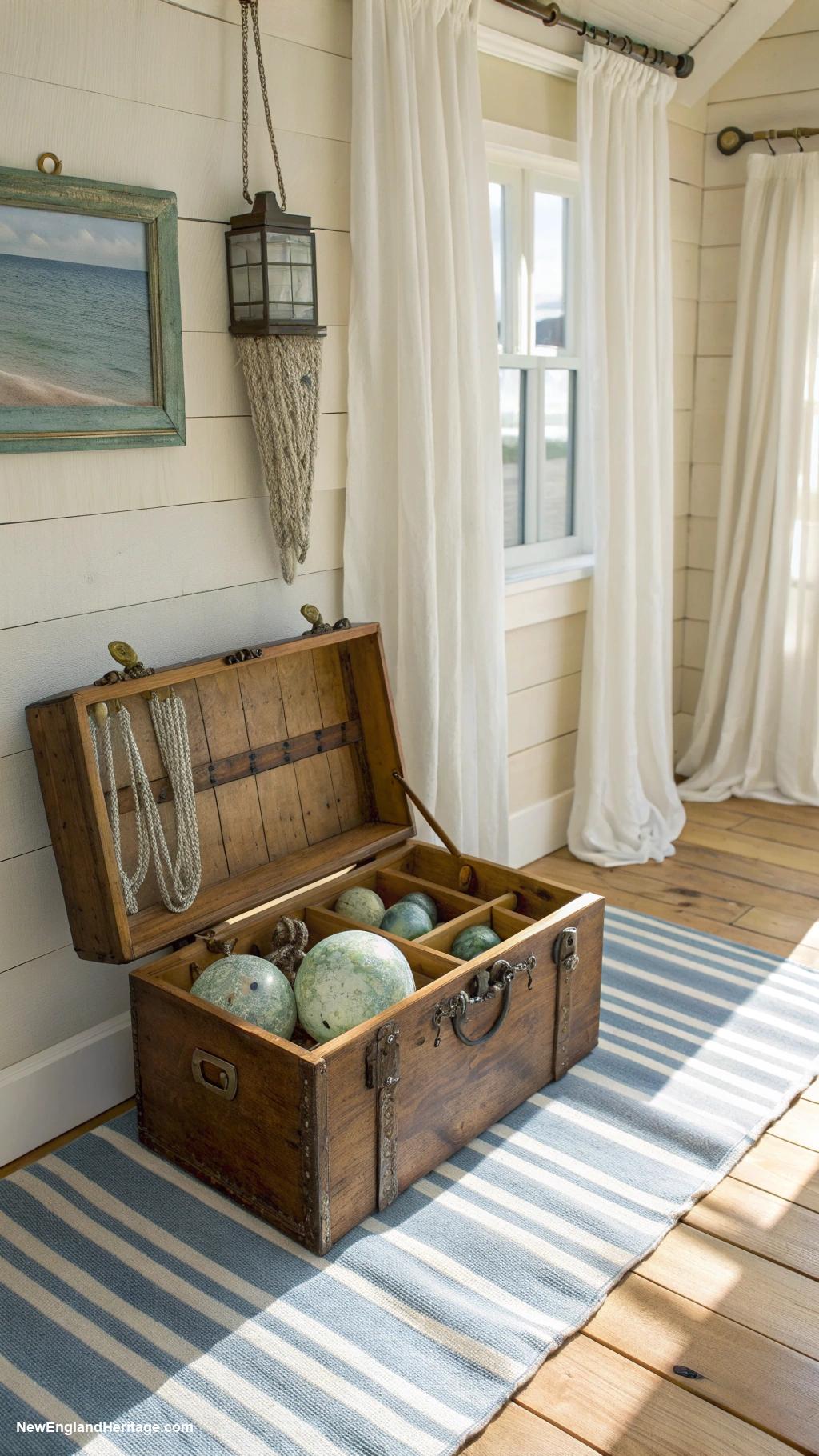 coastal interior design Vintage fishing gear as decor