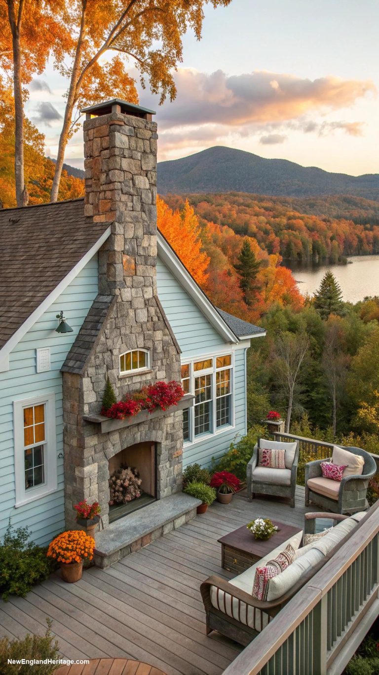 east coast cottage Cottage with a stone fireplace and deck