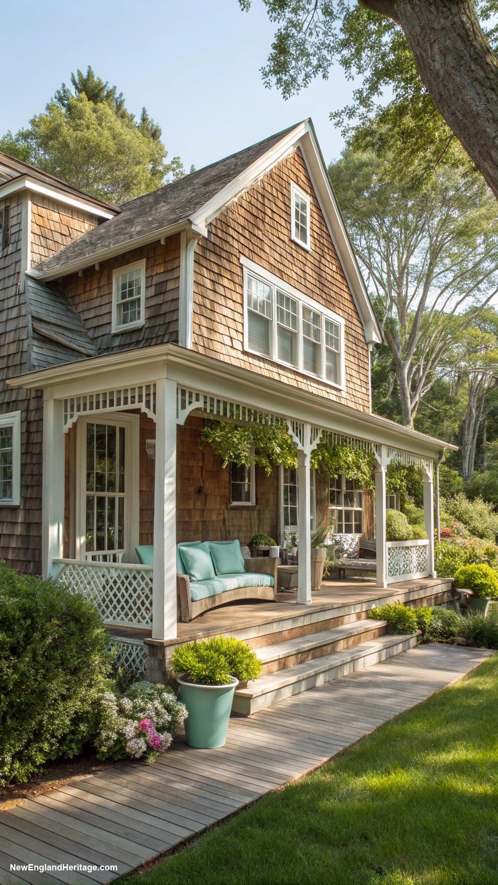 houses with porches Shingle style cottage with built in seating