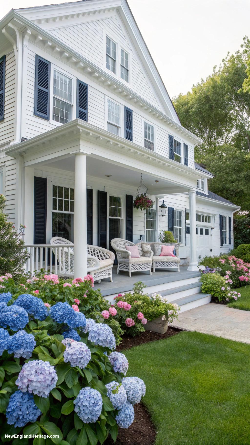 nantucket style houses Classic white clapboard exterior with navy shutters
