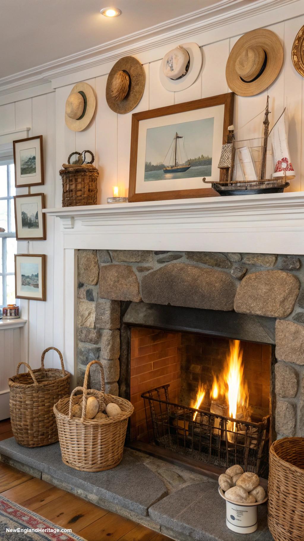 nantucket style houses Cozy fireplace with nautical themed decorations