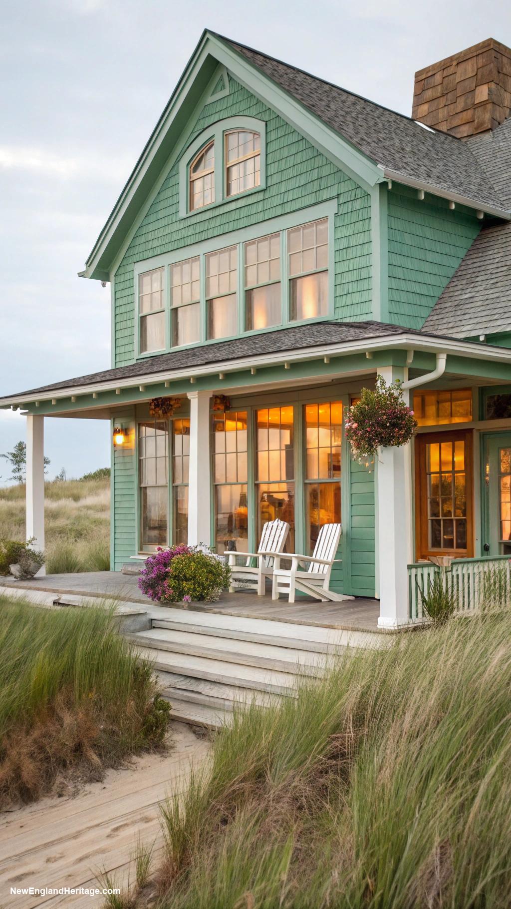nantucket style houses Seafoam green siding with natural wood accents