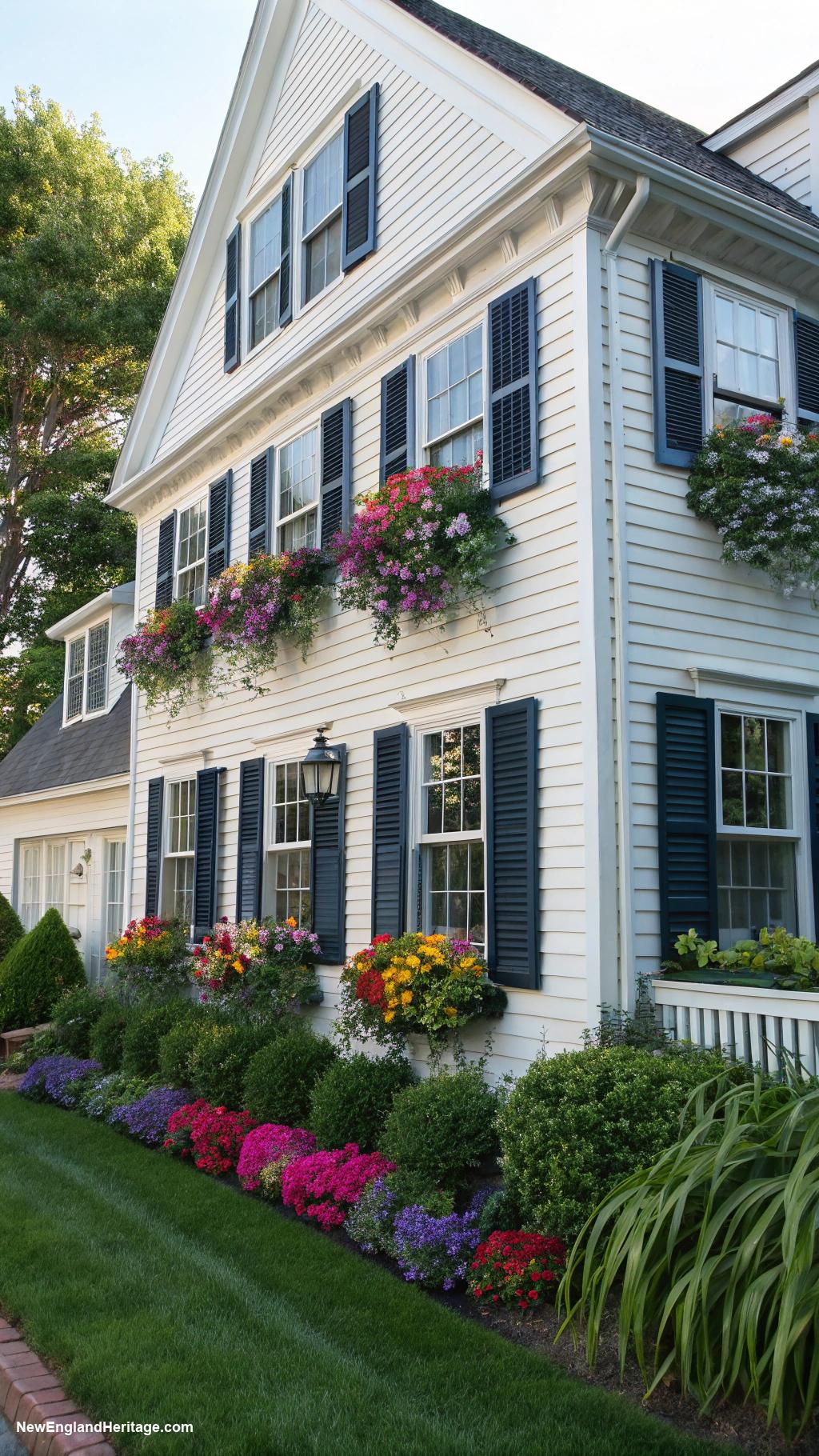nantucket style houses Vibrant flower boxes beneath every window