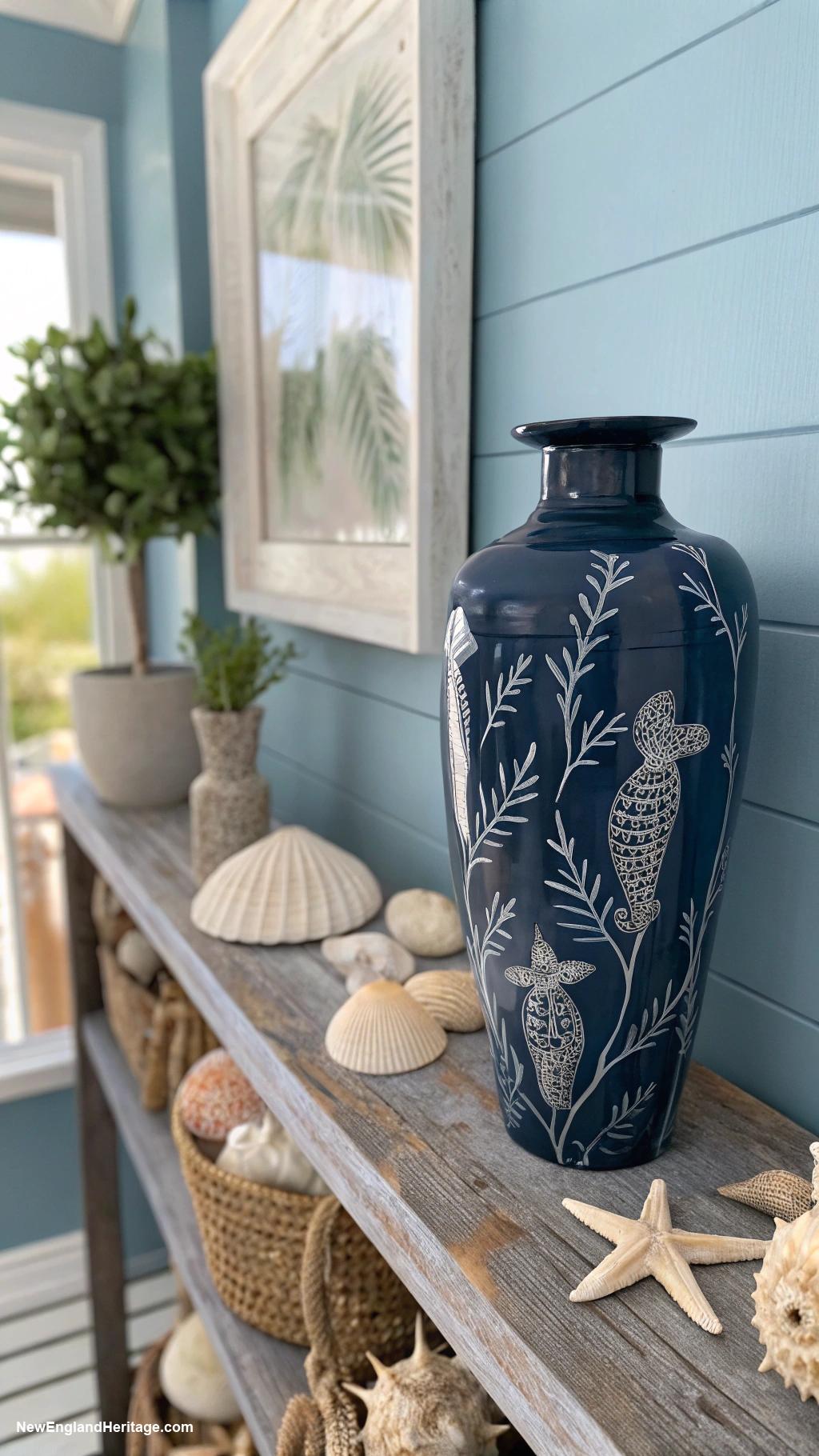 navy blue home decor ideas Navy blue decorative vases on shelves