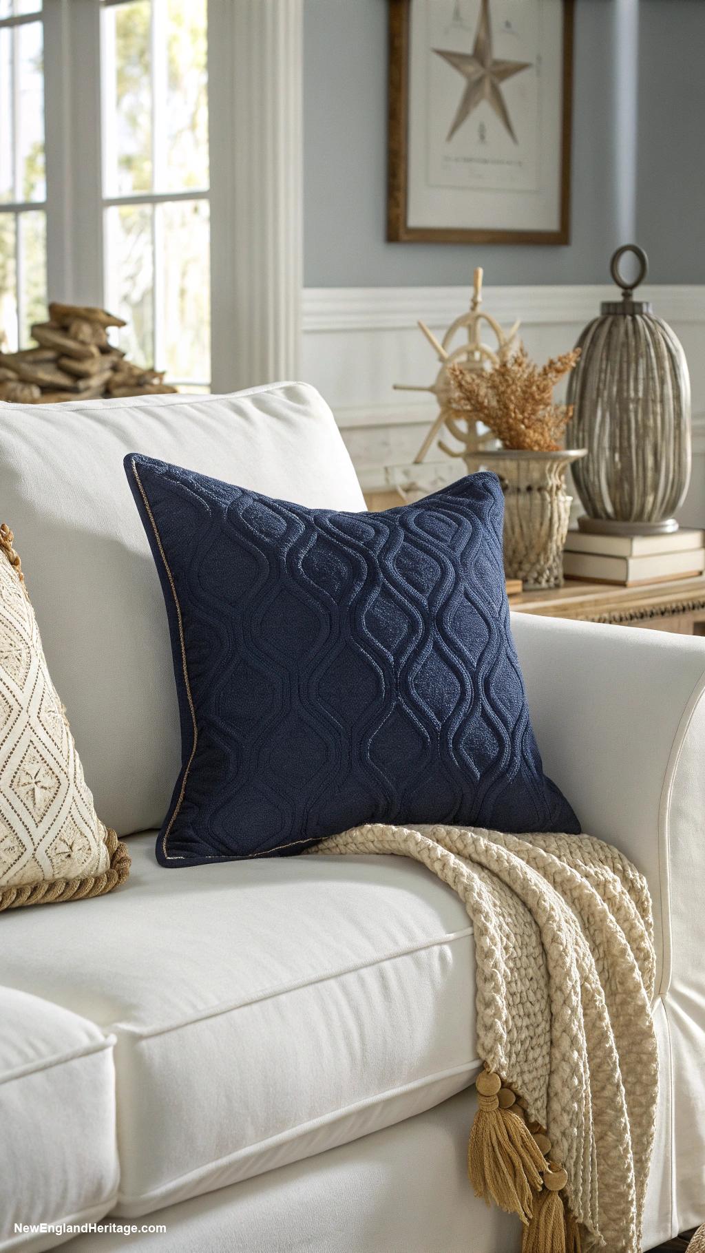 navy blue home decor ideas Navy blue throw pillows on white couch