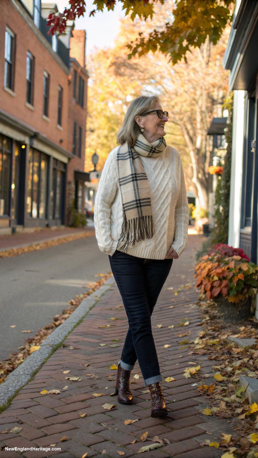 preppy outfits for women over 50 Cable knit sweater with classic dark jeans