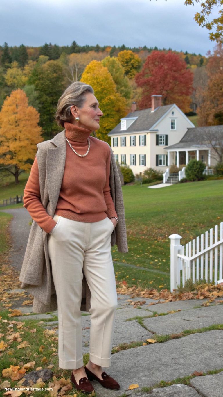 preppy outfits for women over 50 Cashmere turtleneck with tailored trousers