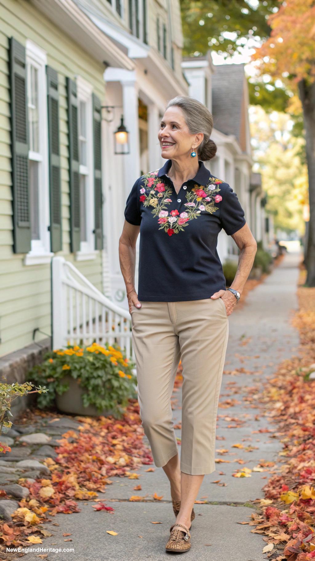preppy outfits for women over 50 Khaki capris with an embroidered polo shirt