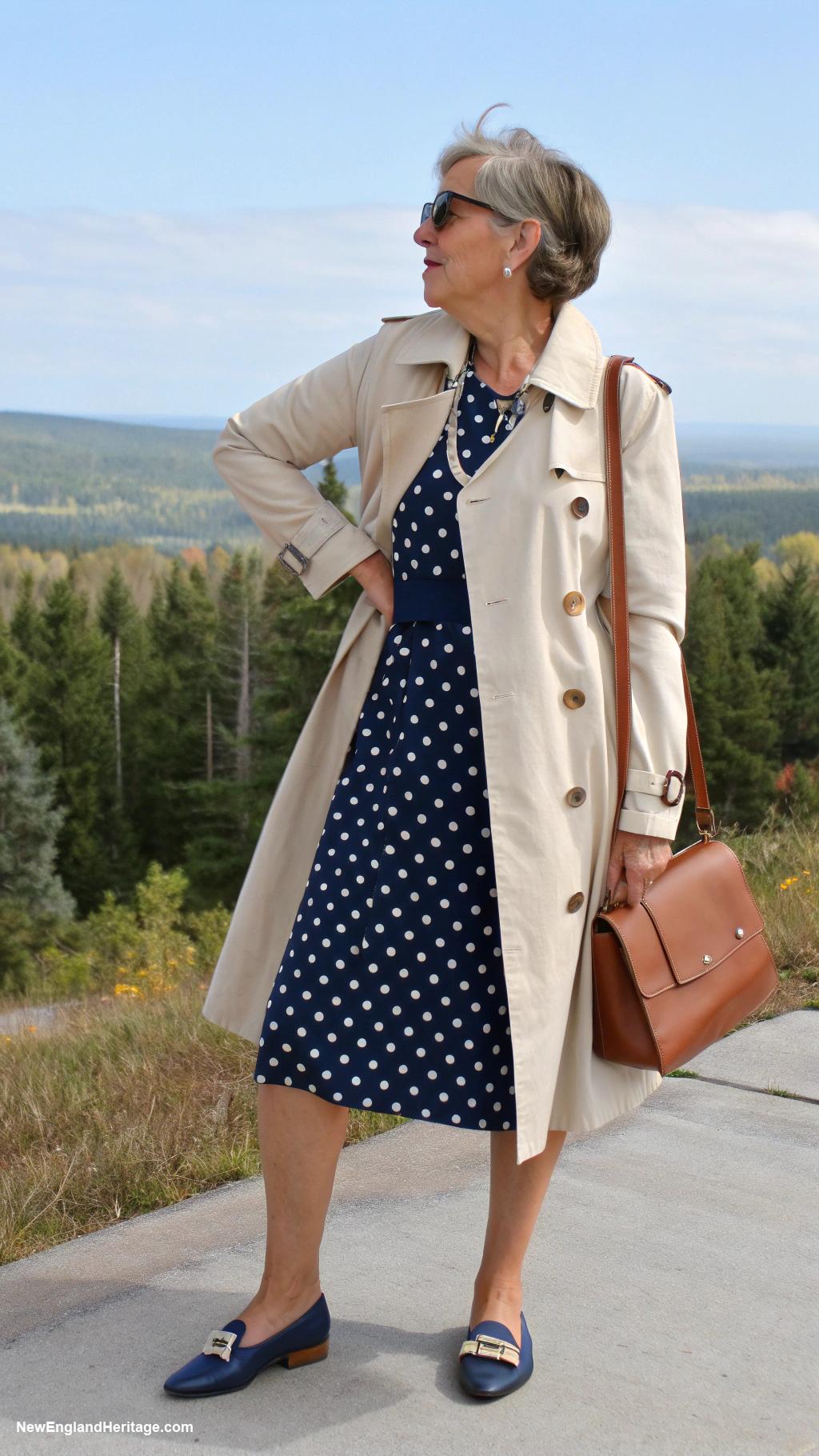 preppy outfits for women over 50 Lightweight trench coat over a shift dress