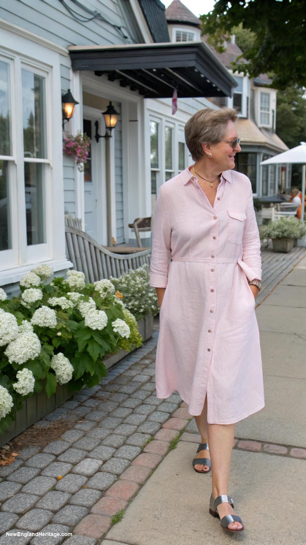 preppy outfits for women over 50 Linen shirt dress with simple sandals