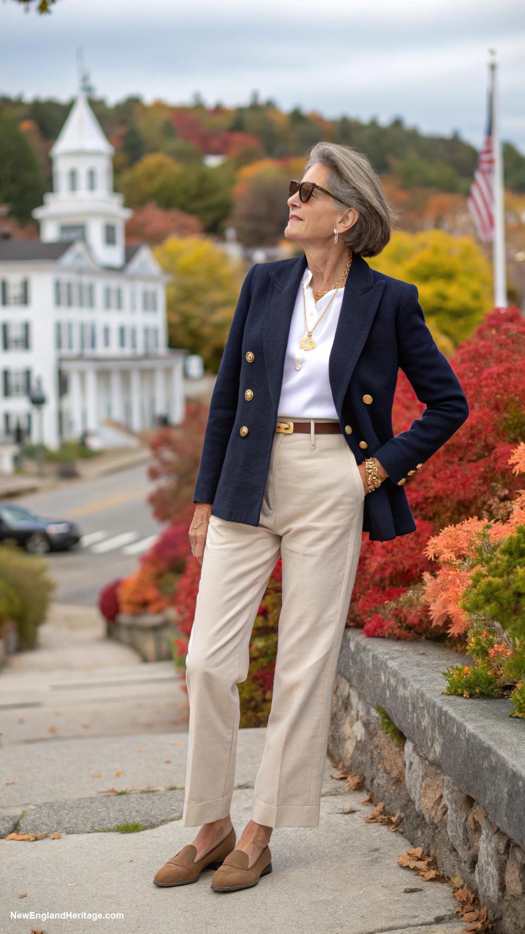preppy outfits for women over 50 Navy blazer with white blouse and chinos