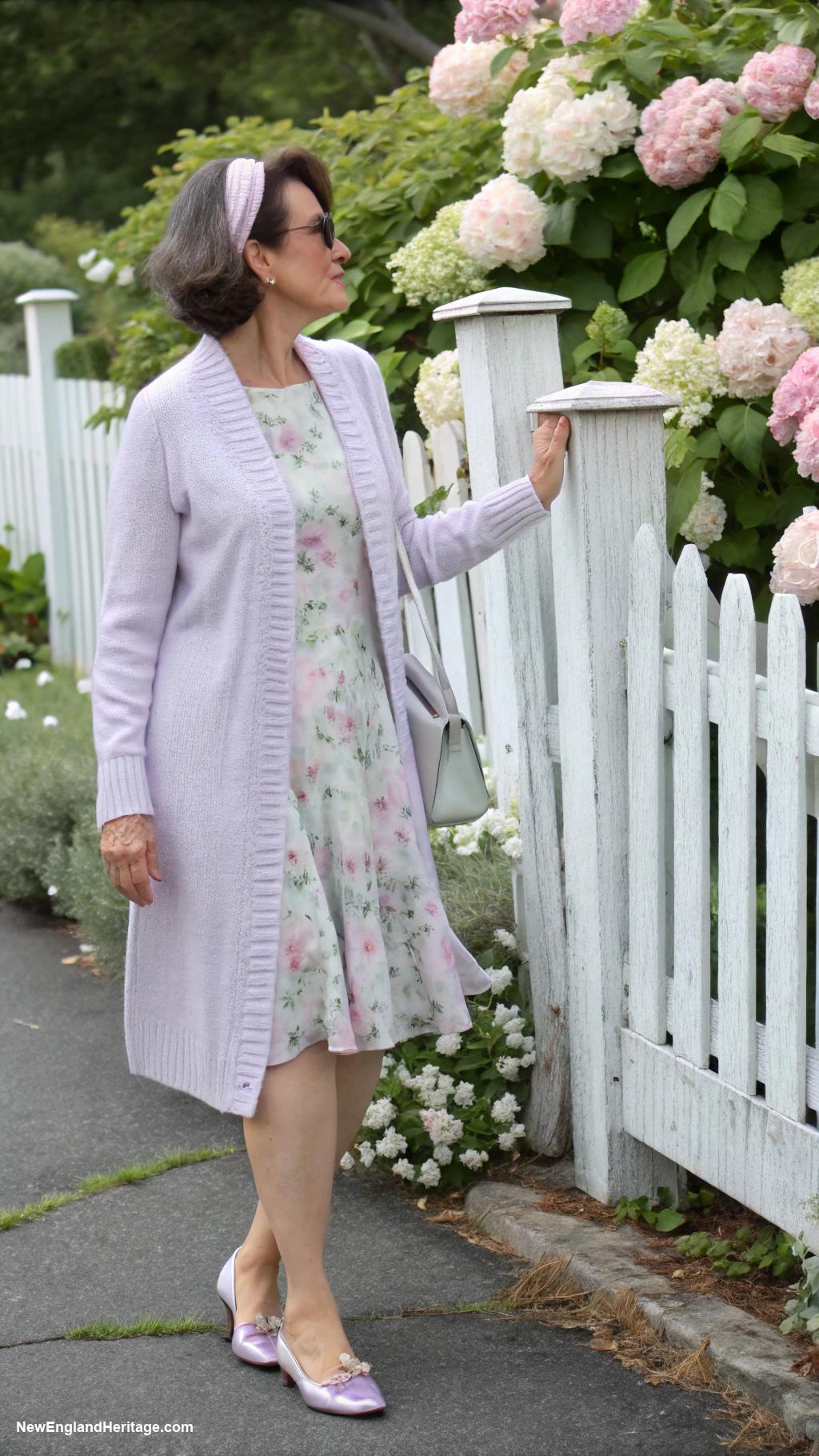 preppy outfits for women over 50 Pastel cardigan over a floral dress