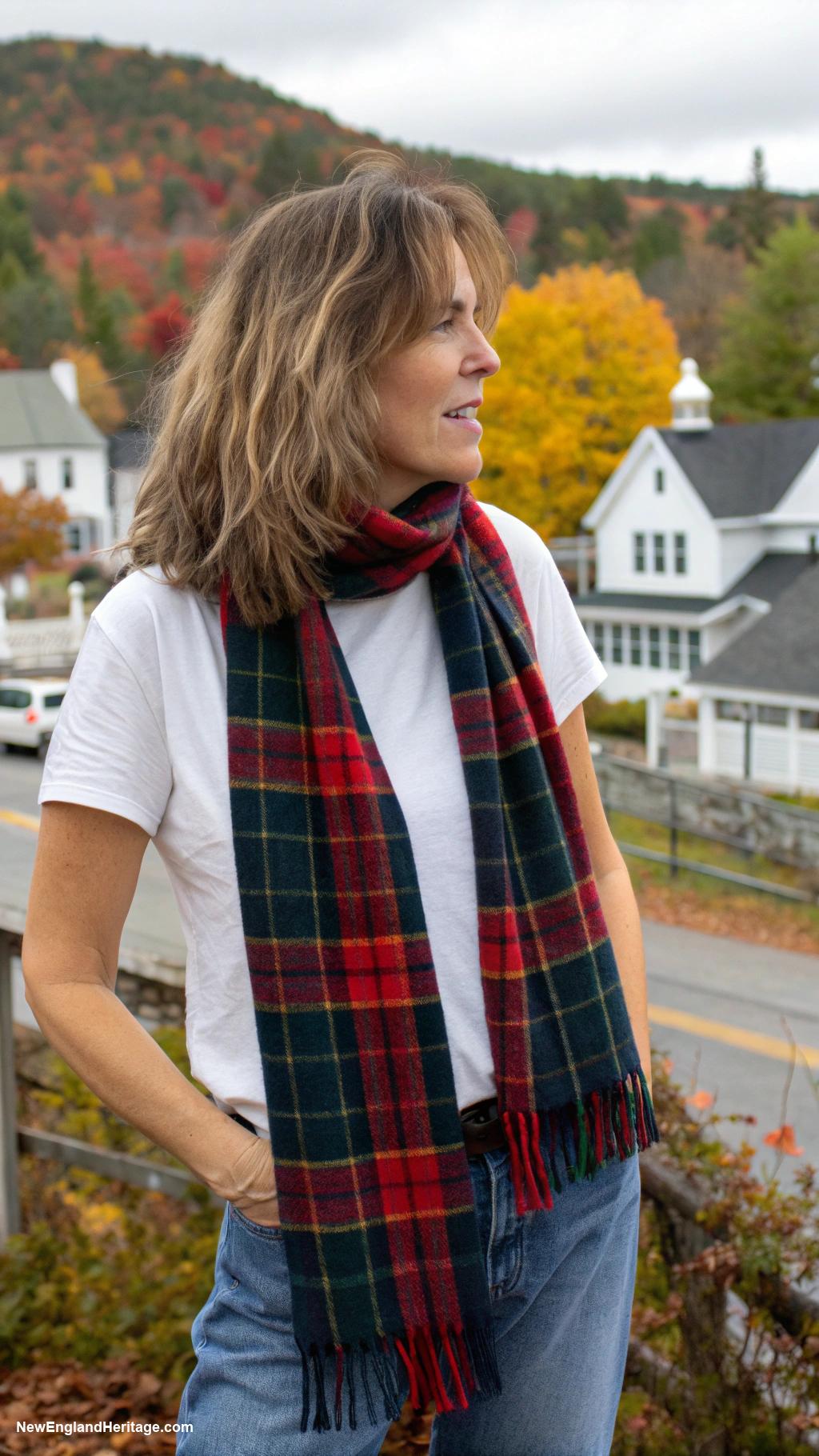 preppy outfits for women over 50 Plaid scarf with a simple white tee