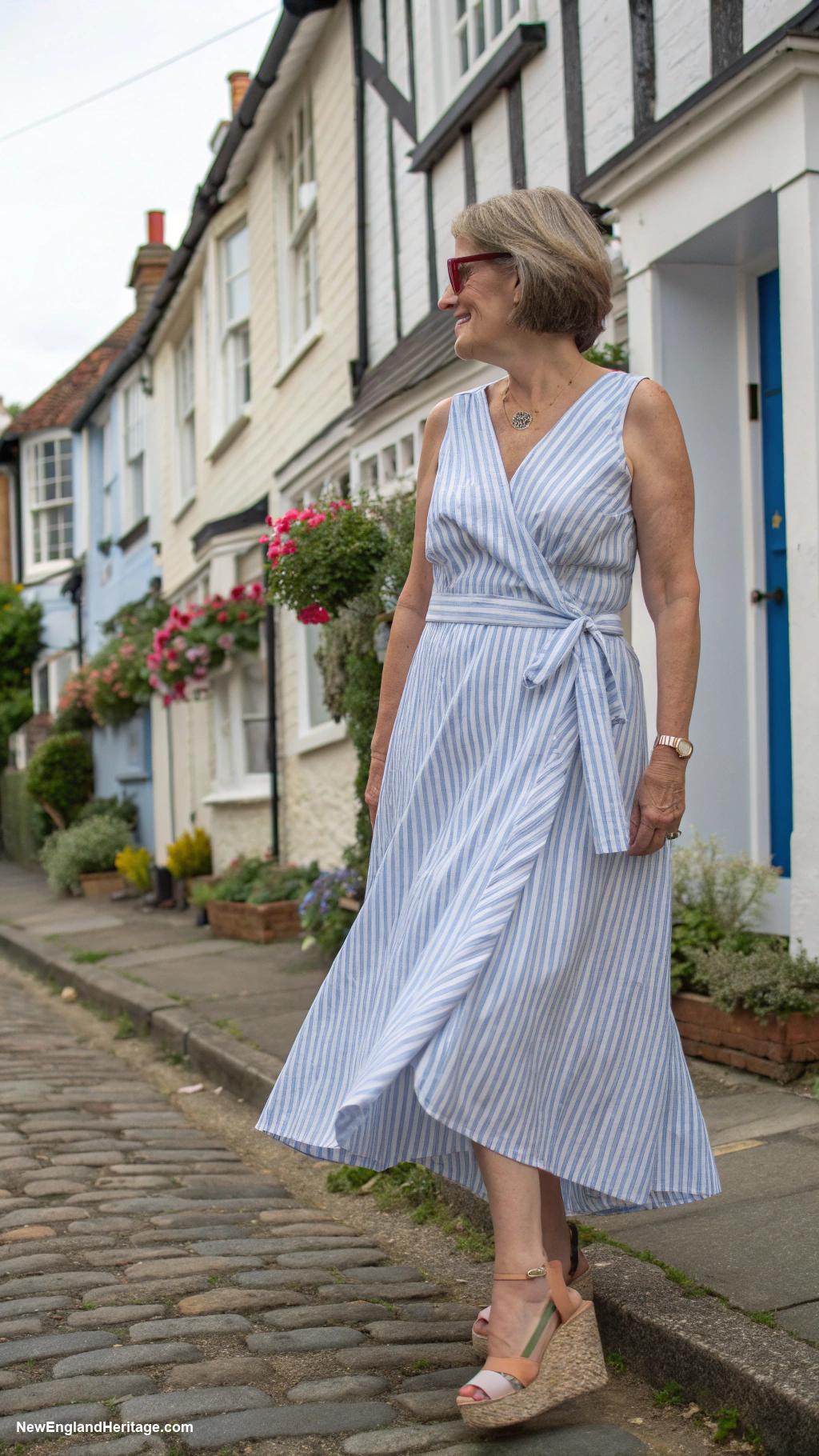 preppy outfits for women over 50 Seersucker wrap dress and espadrille wedges