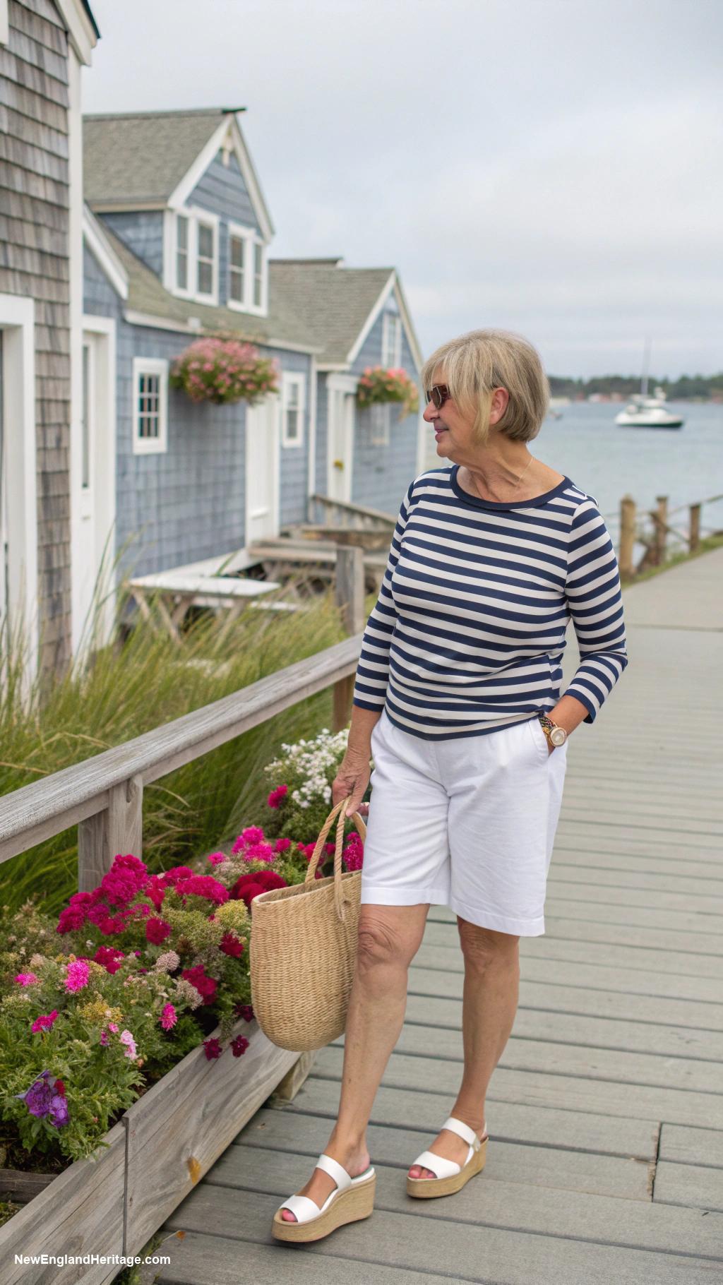 preppy outfits for women over 50 Striped boatneck top and tailored linen shorts