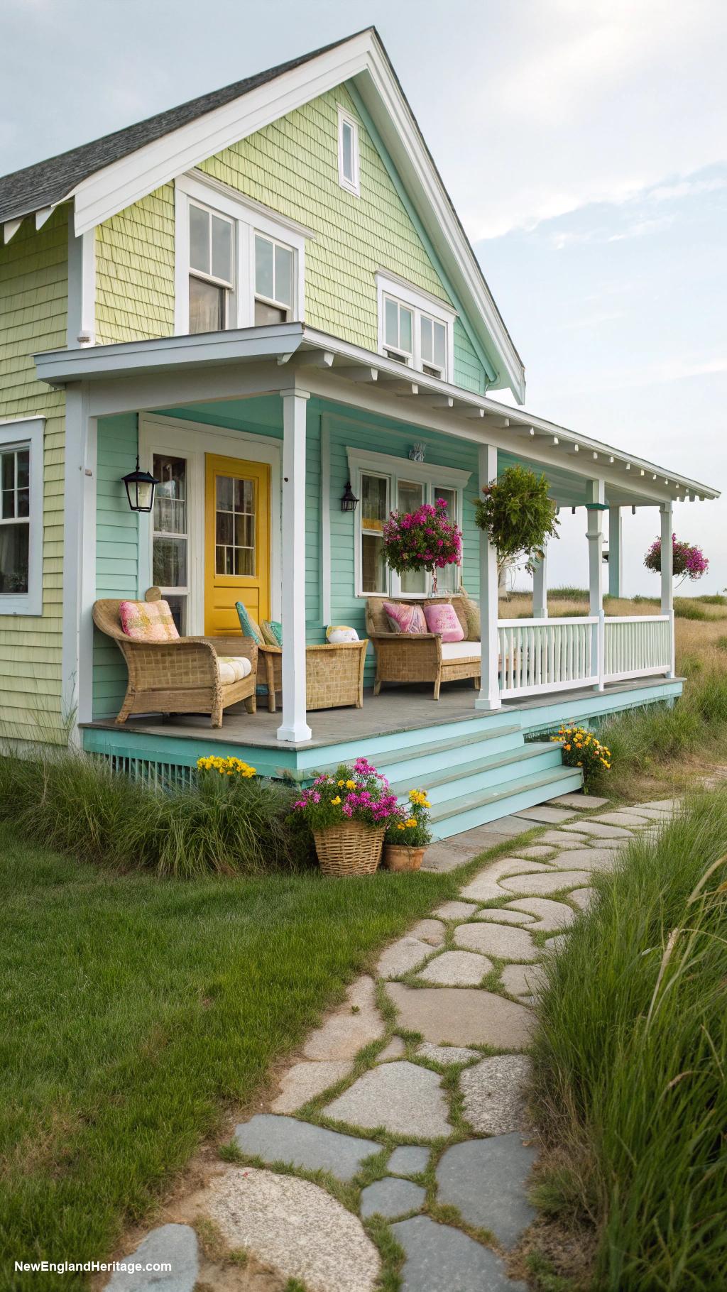 seaside cottage Brightly colored beach cottage with wraparound porch