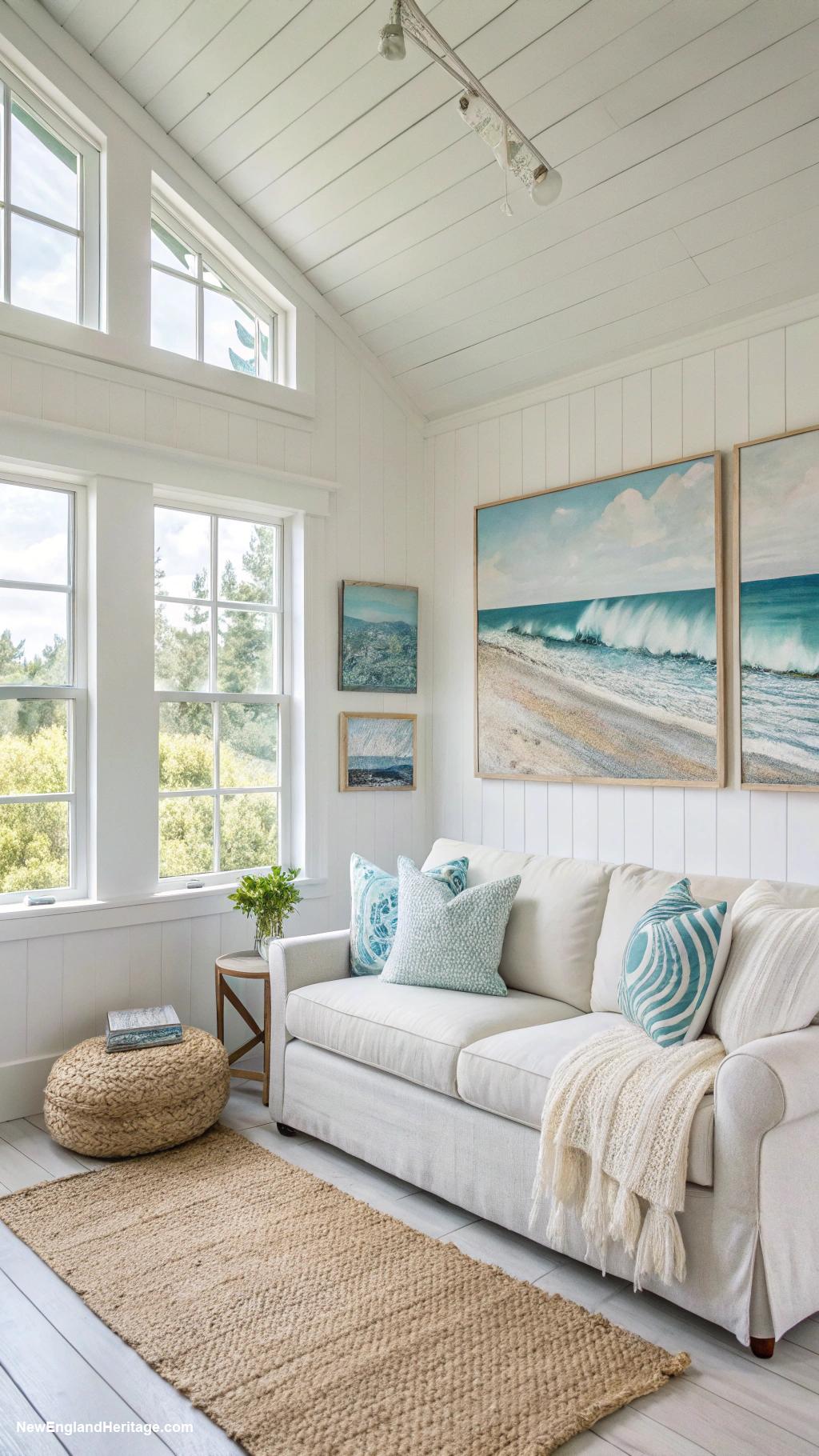 seaside cottage Minimalist design with coastal artwork adorning walls