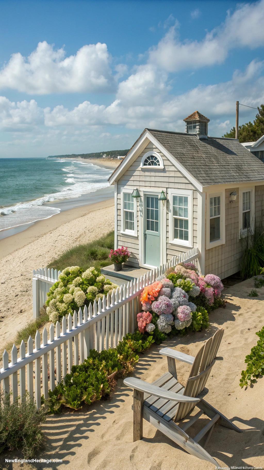seaside cottage Quaint beach hut with white picket fence
