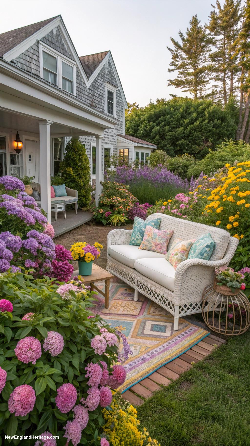 cape cod cottage Colorful garden for outdoor relaxation spots