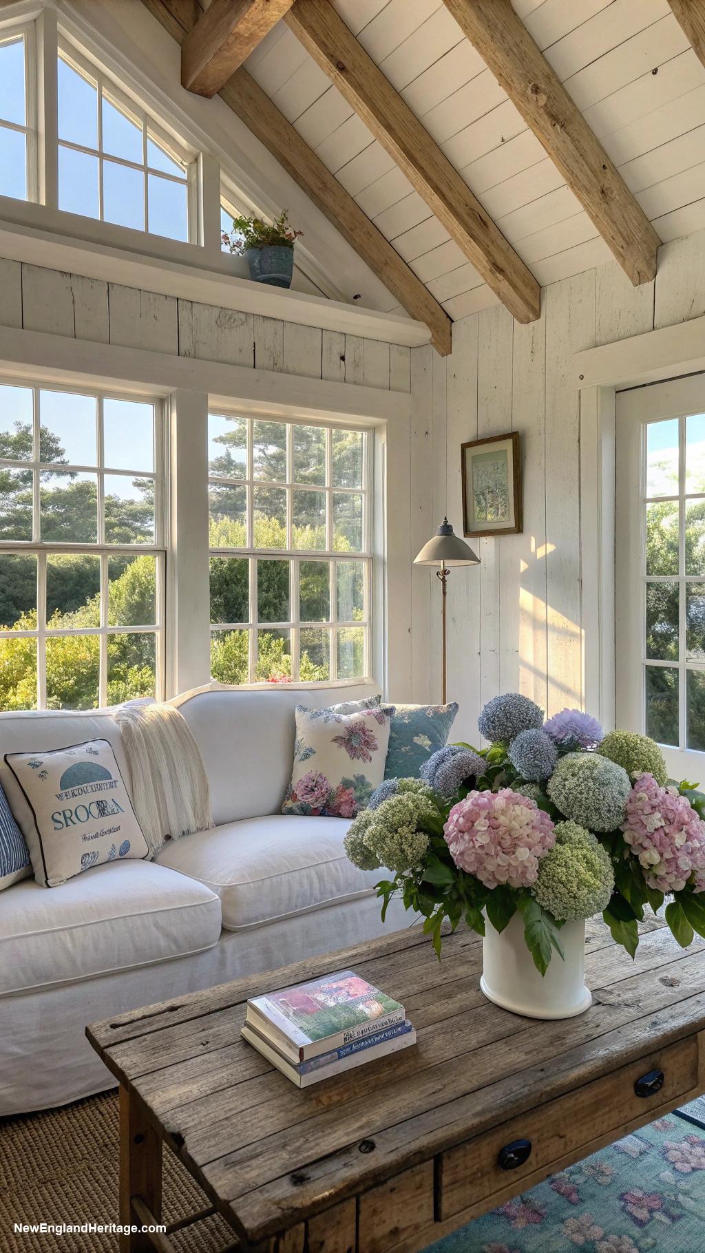 cape cod cottage Whitewashed walls and wood beams for warmth