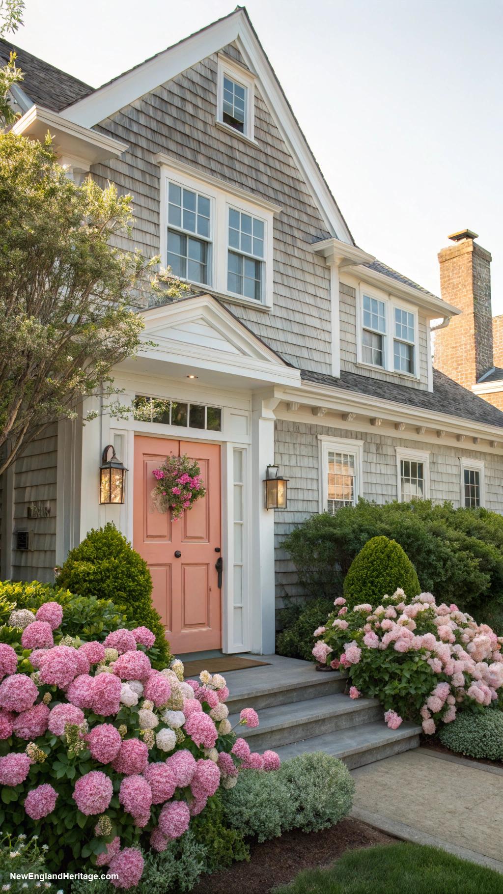 cedar shingle house Light gray shingles with vivid door color