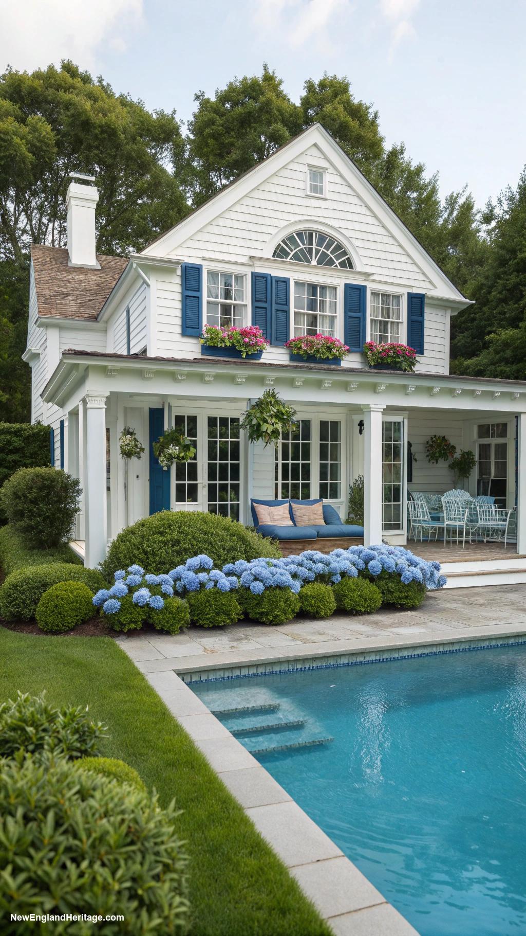 classic pool houses Classic white clapboard with blue shutters