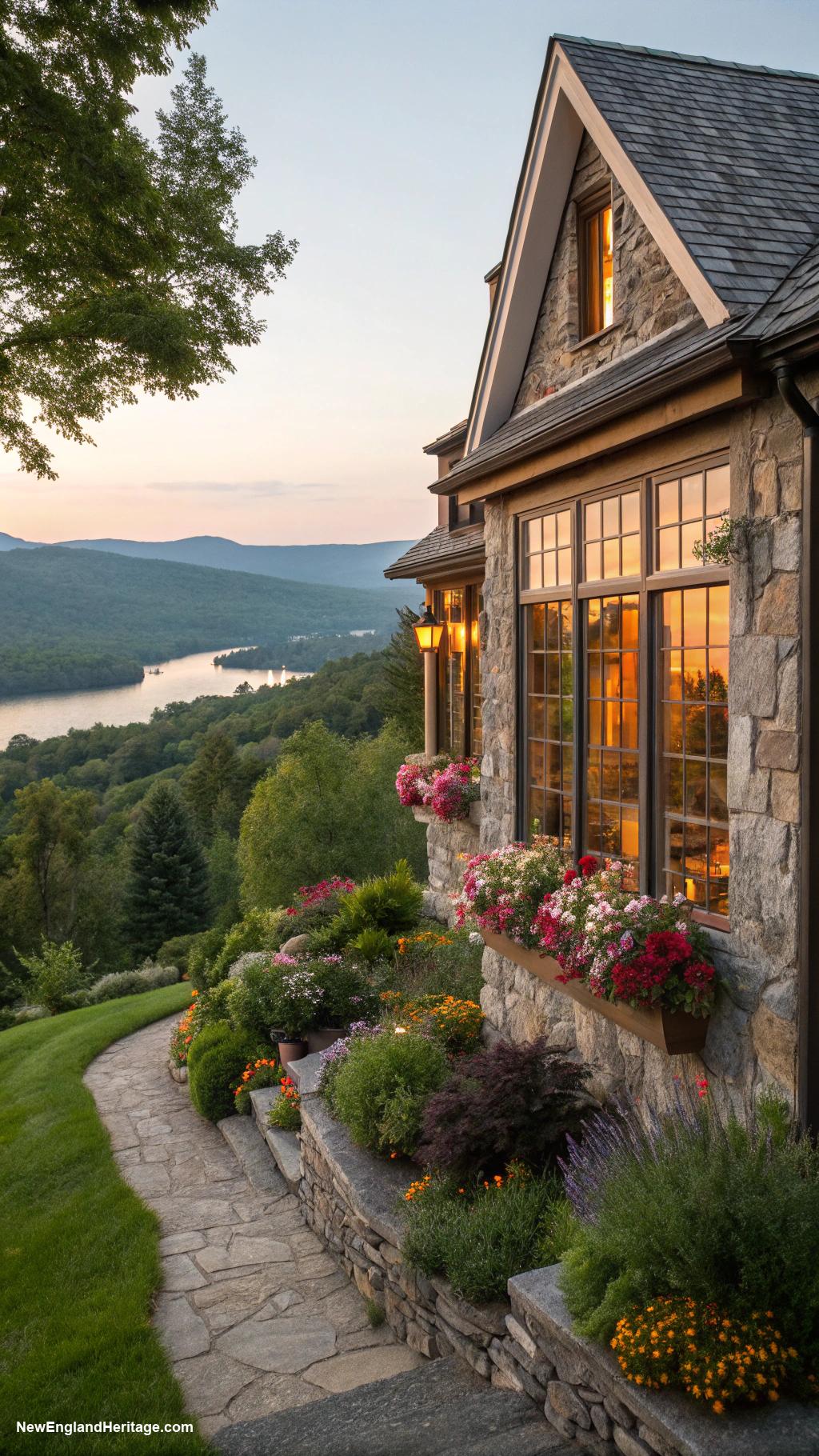 classic pool houses Cozy stone cottage with large windows