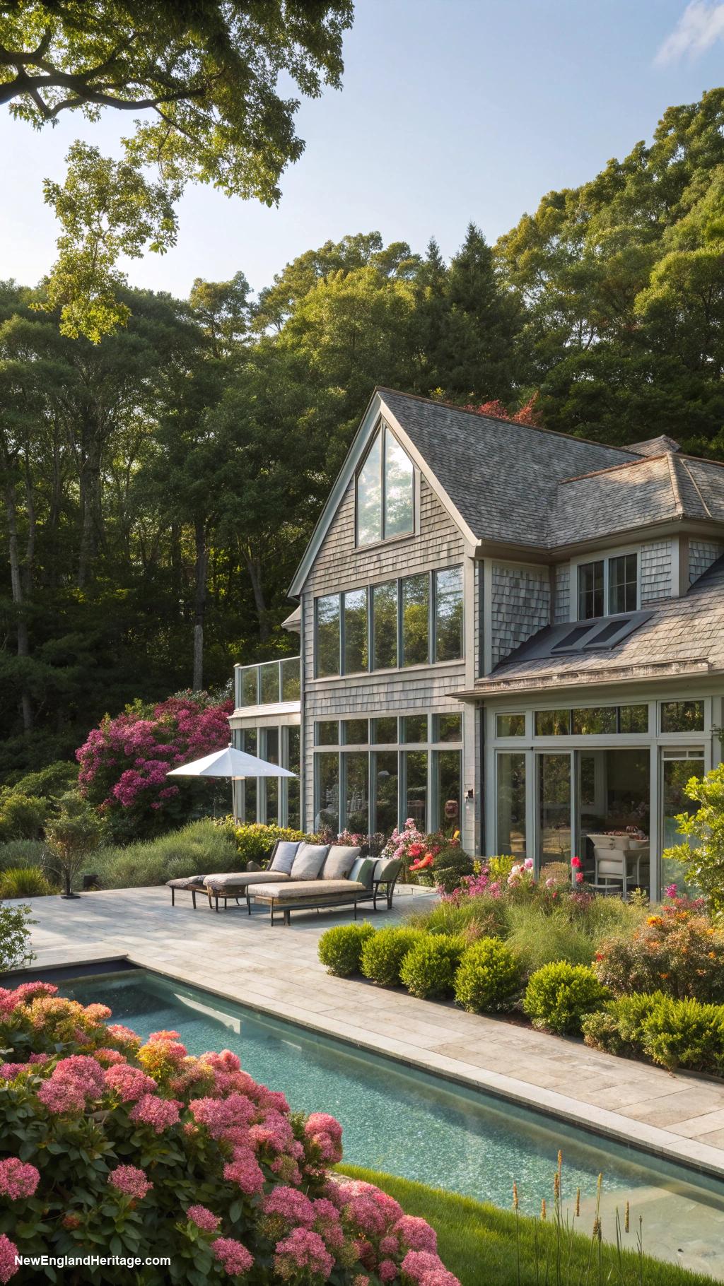 classic pool houses Modern glass house surrounded by nature