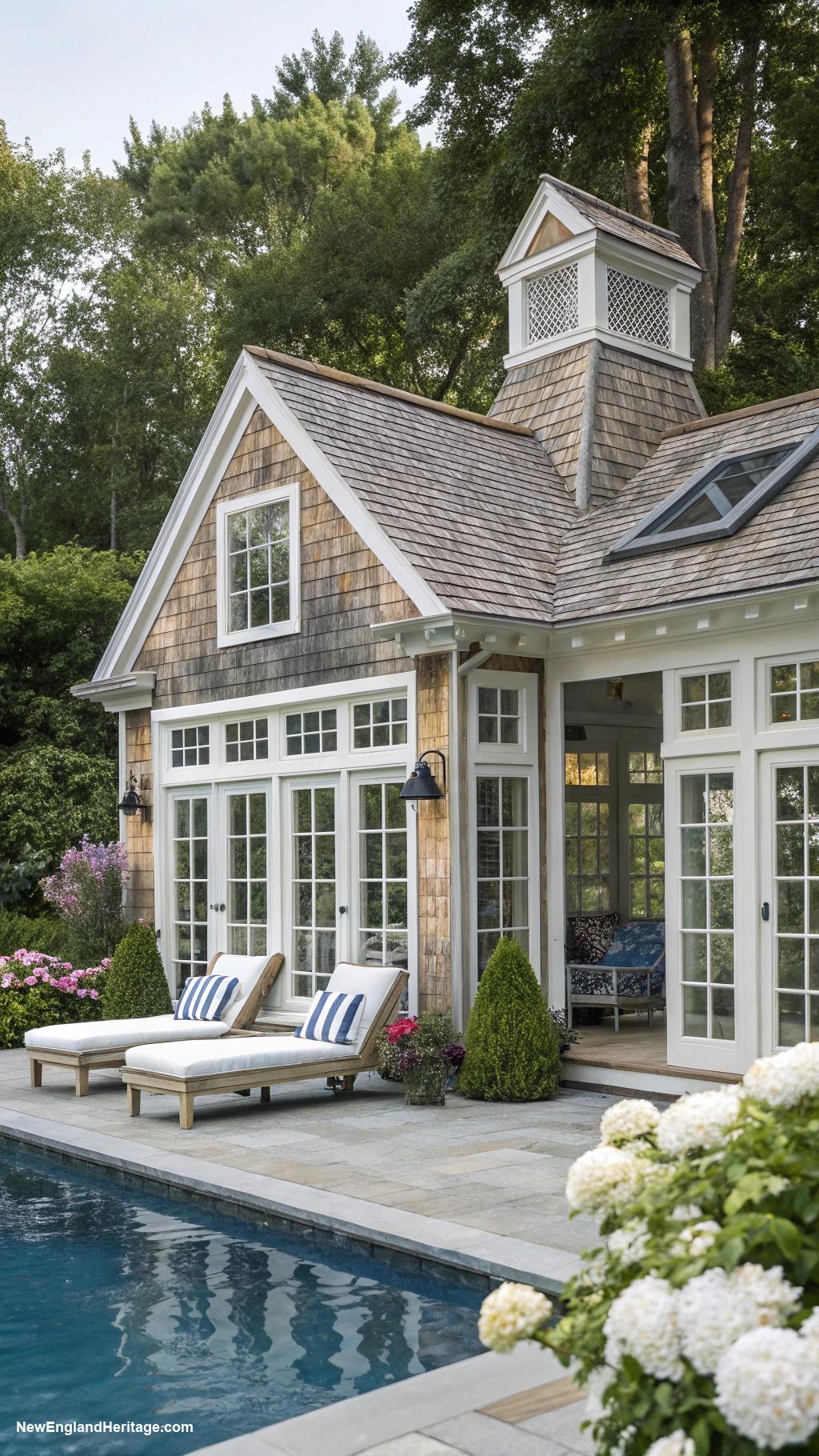 classic pool houses Nautical theme with weathered wood accents