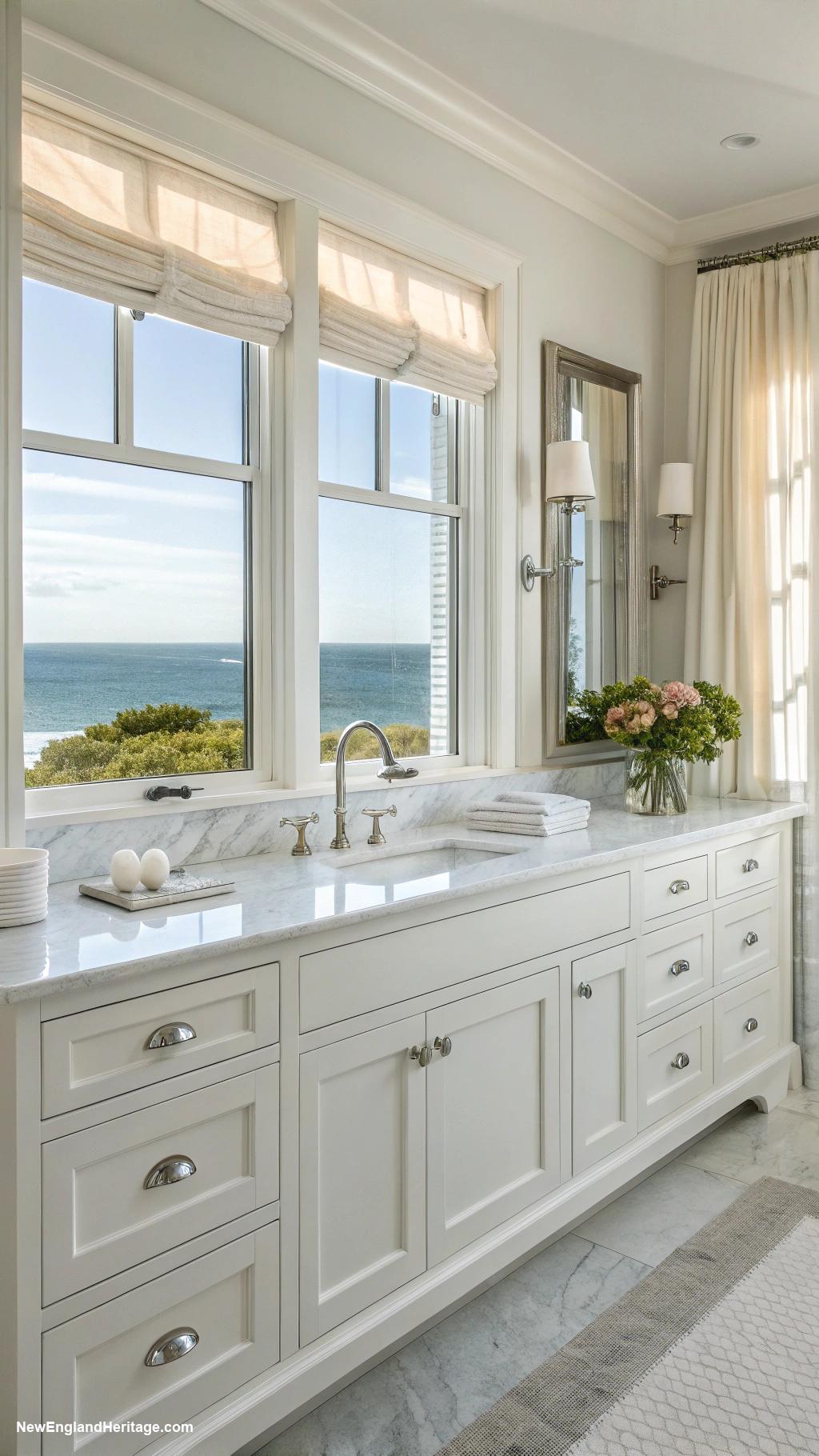 coastal bathrooms Crisp white cabinetry with brushed nickel hardware