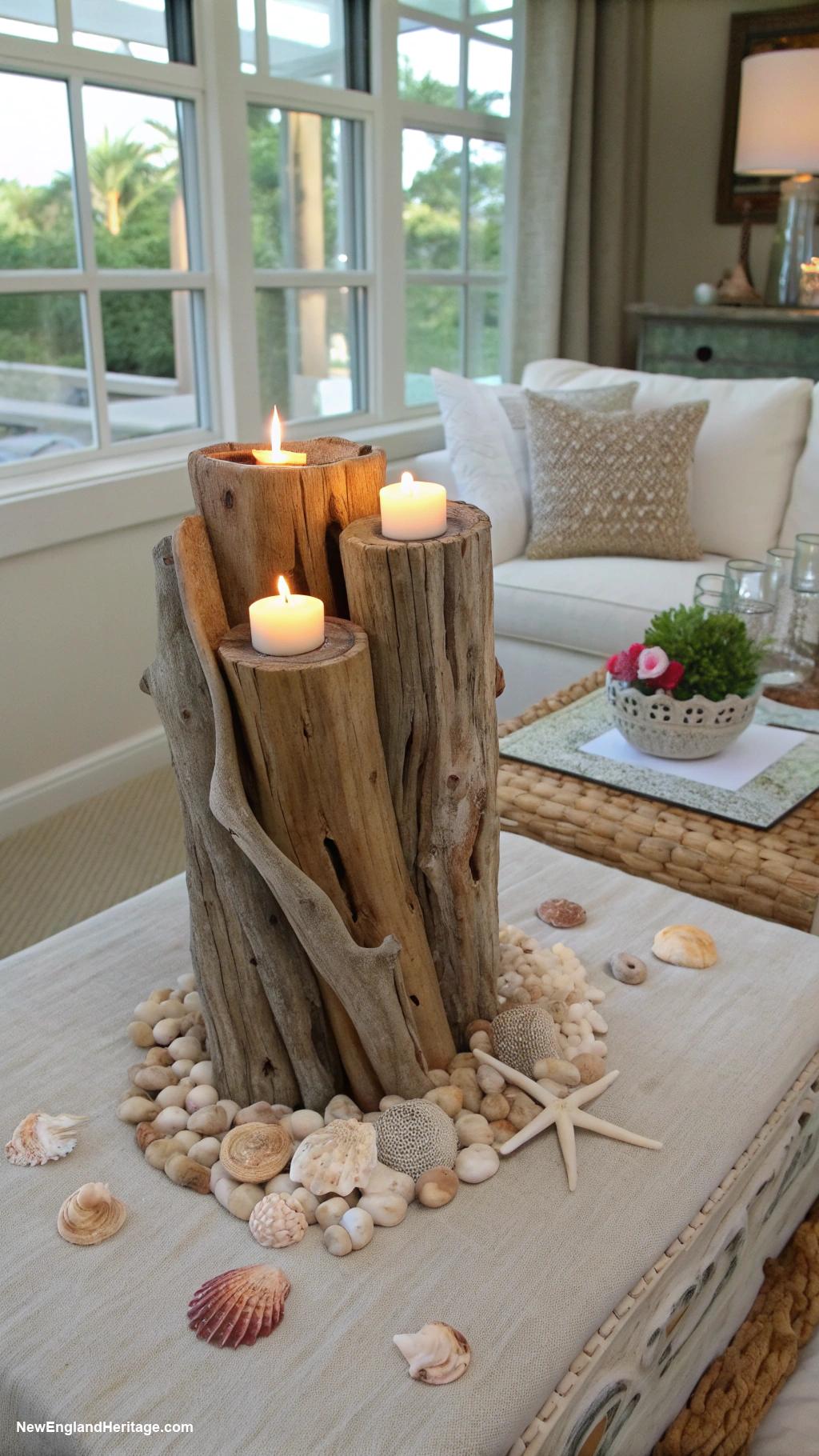 coastal coffee table decor Driftwood candle holders