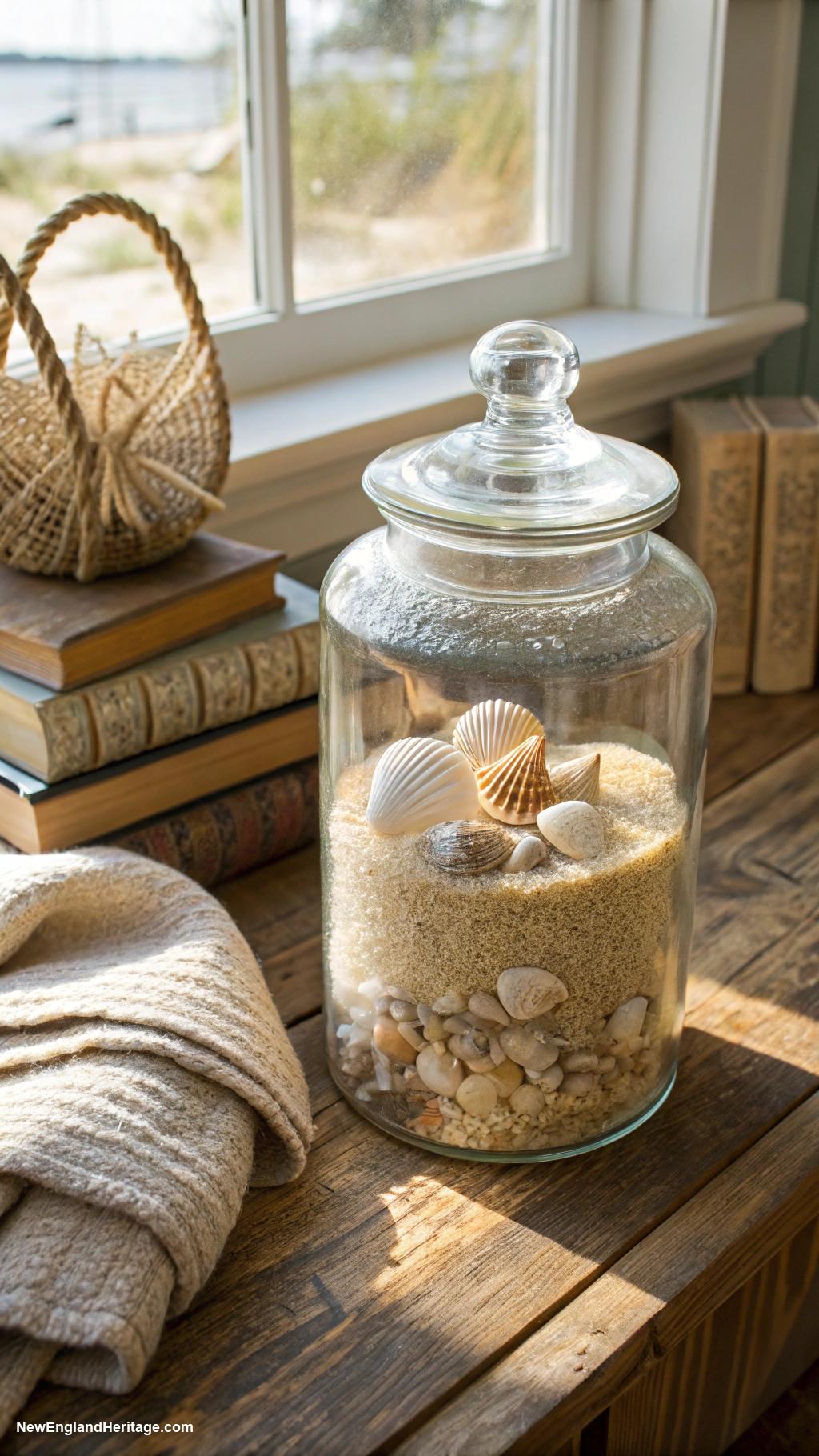 coastal coffee table decor Glass jar with sand and shells