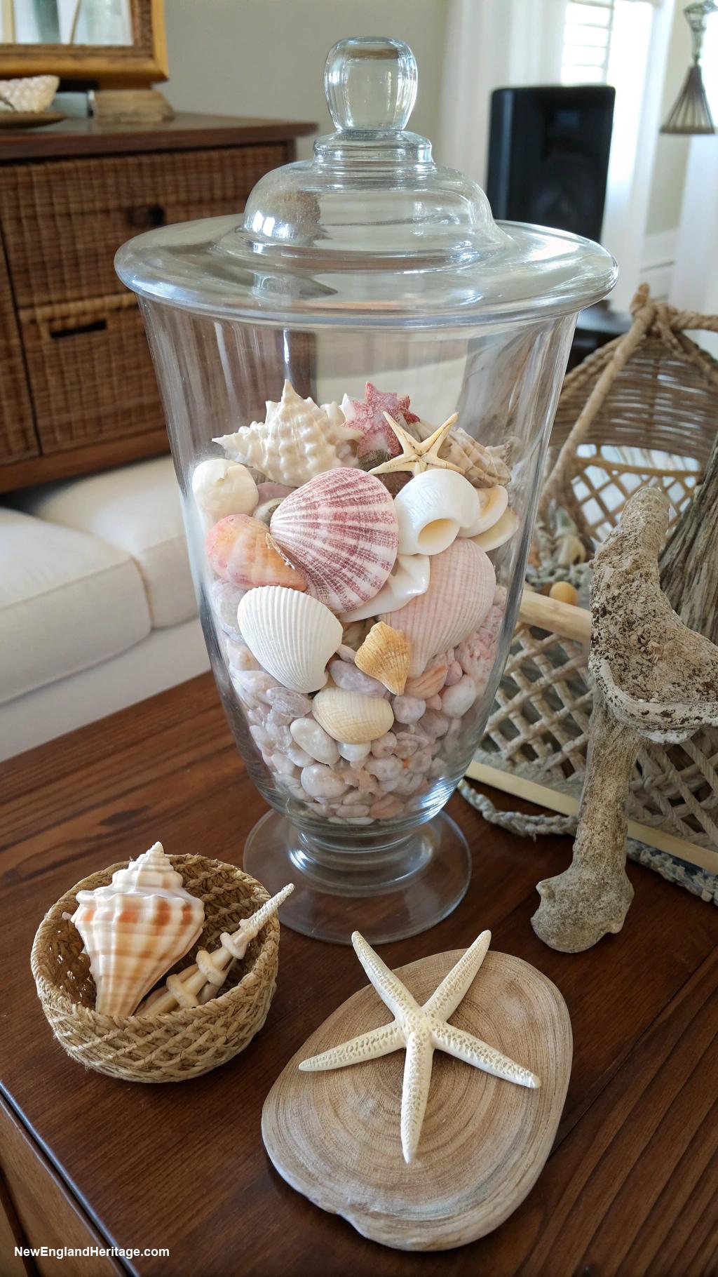 coastal coffee table decor Seashell filled glass vases