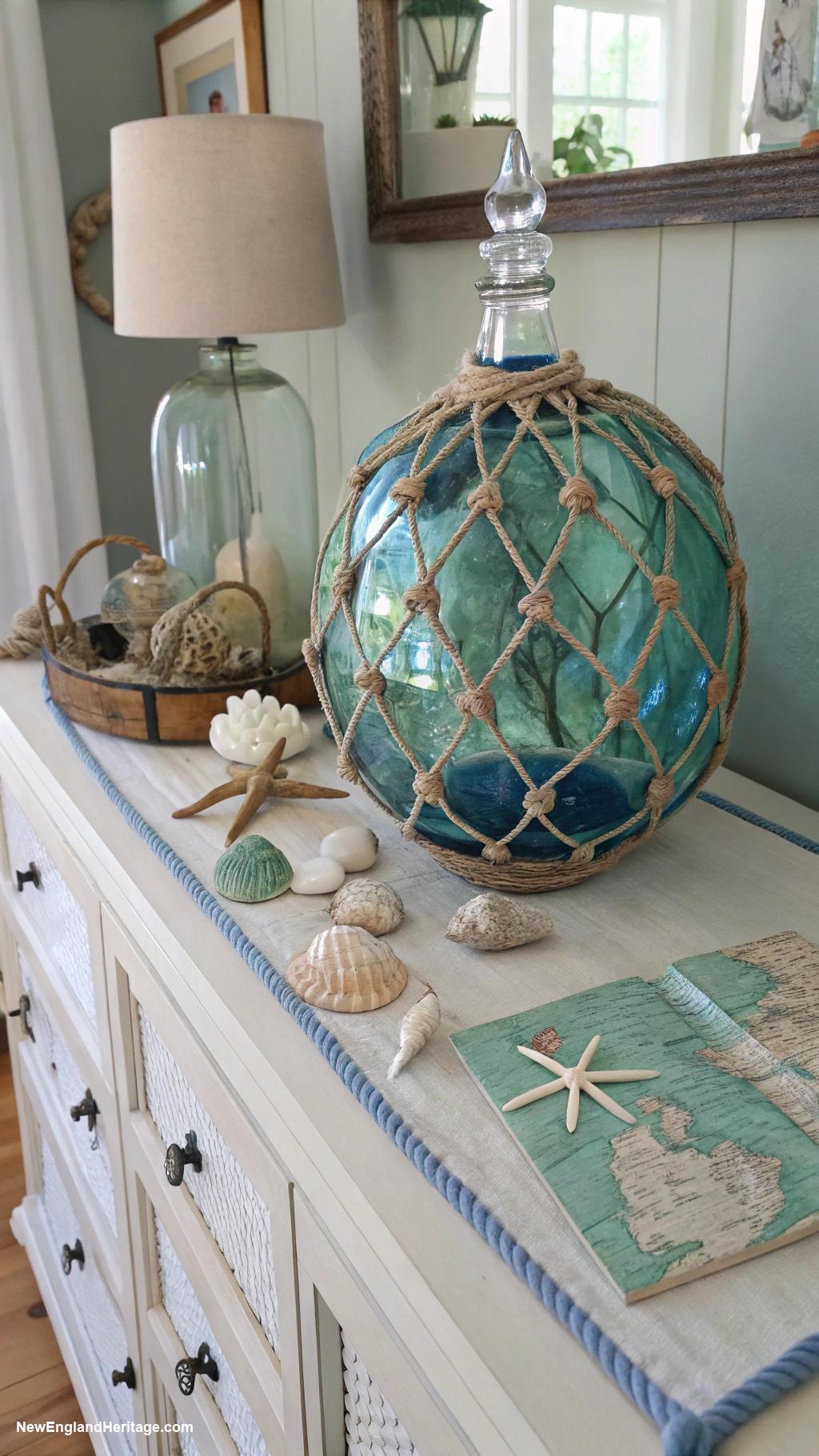 coastal dresser decor Glass buoy accents