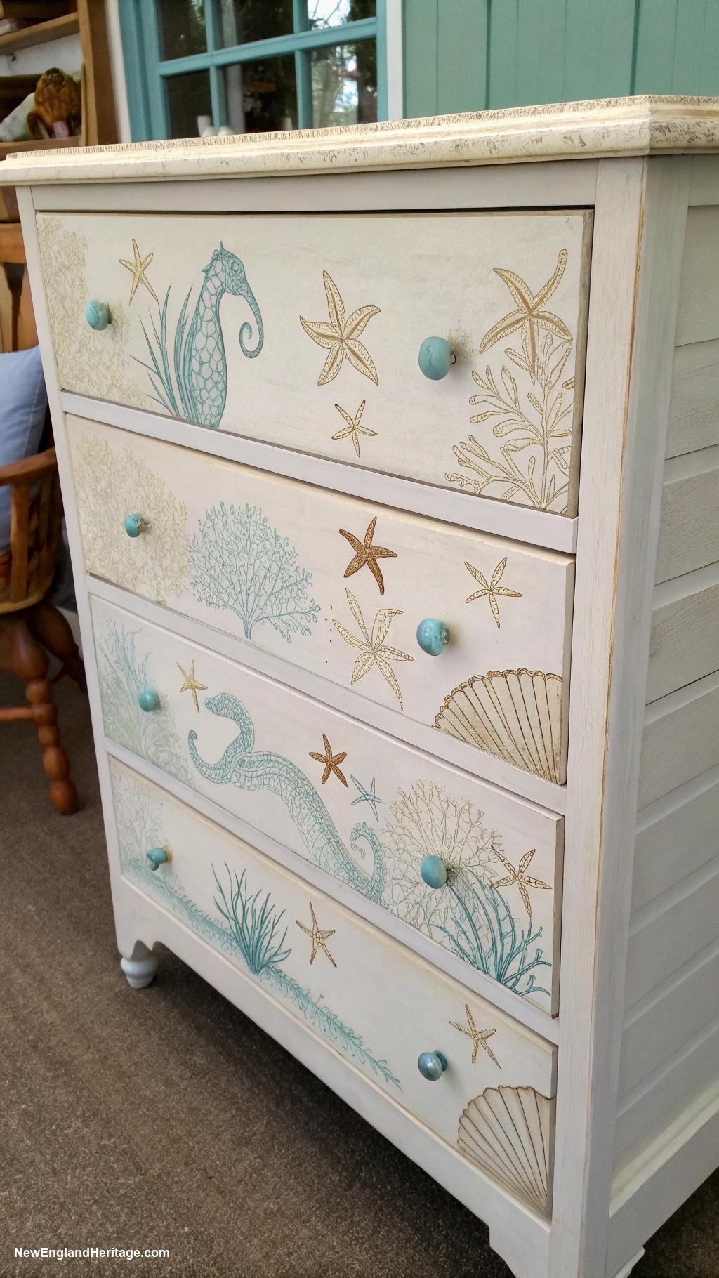 coastal dresser decor Marine themed stenciled motifs