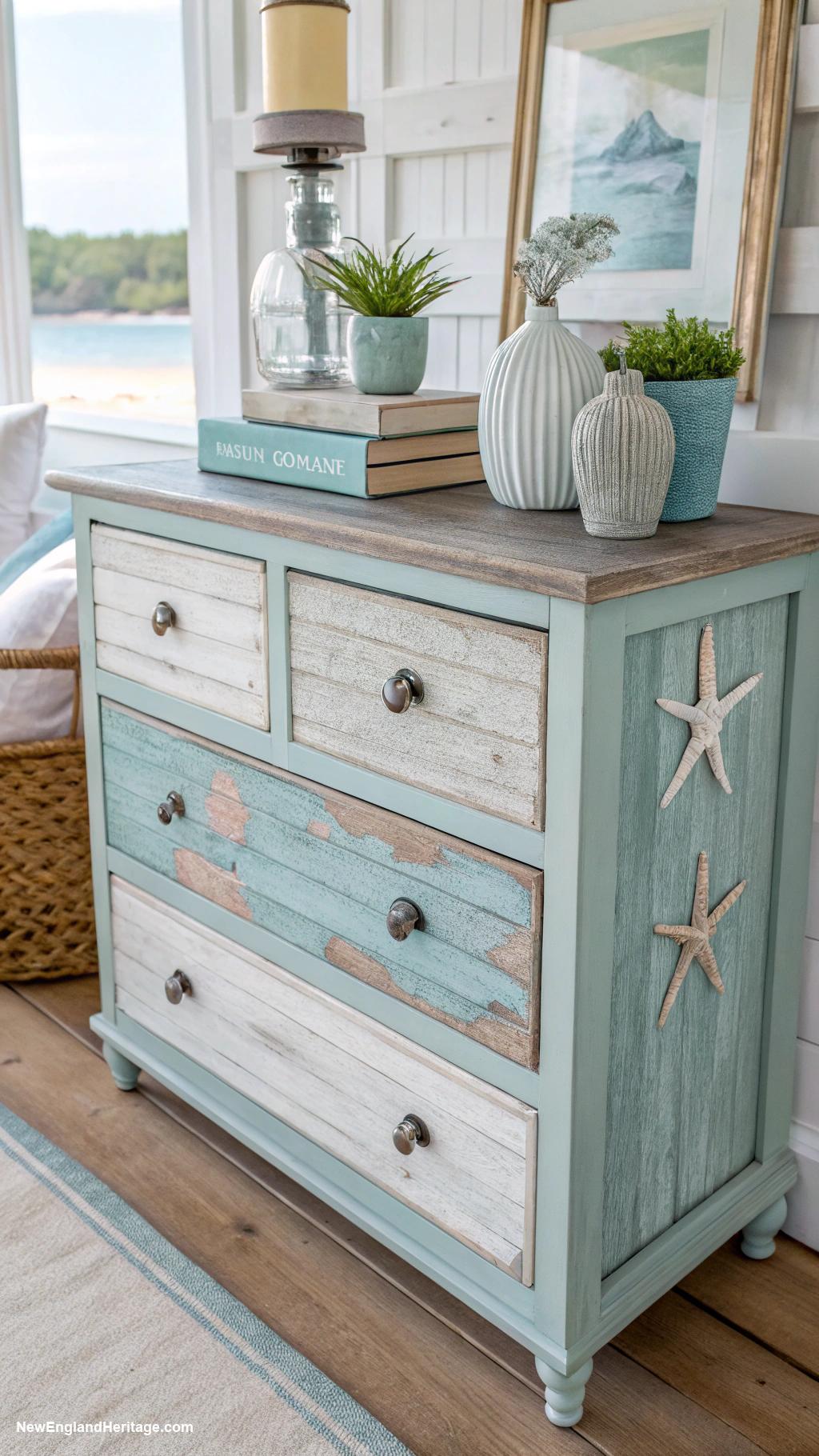 coastal dresser decor Weathered wood finish