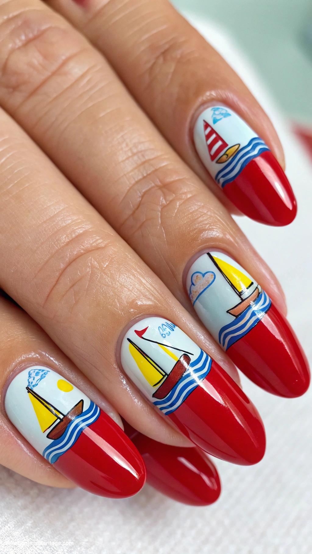 coastal nails Classic red with boat hull illustrations
