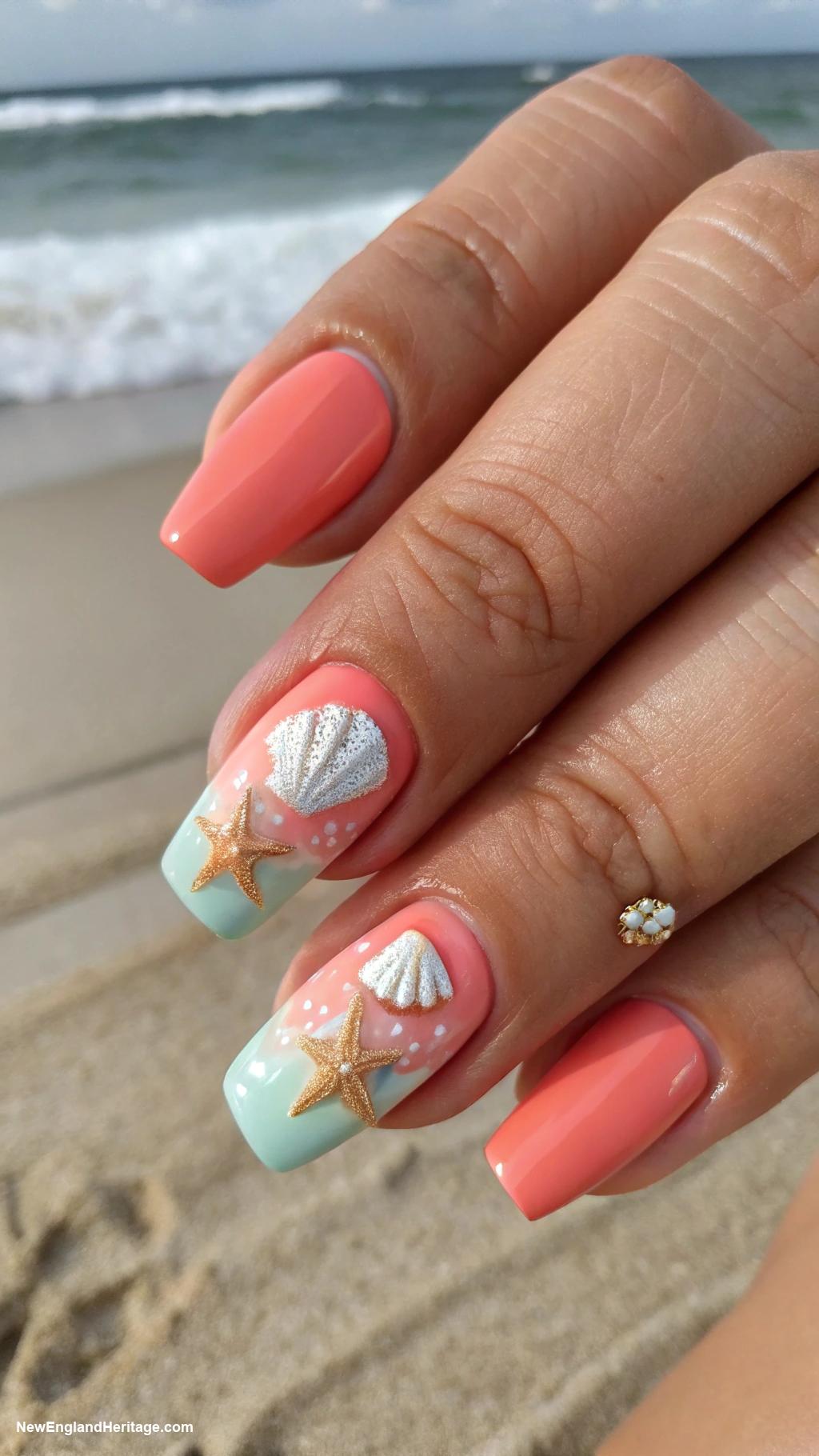 coastal nails Coral with seashell embellishments