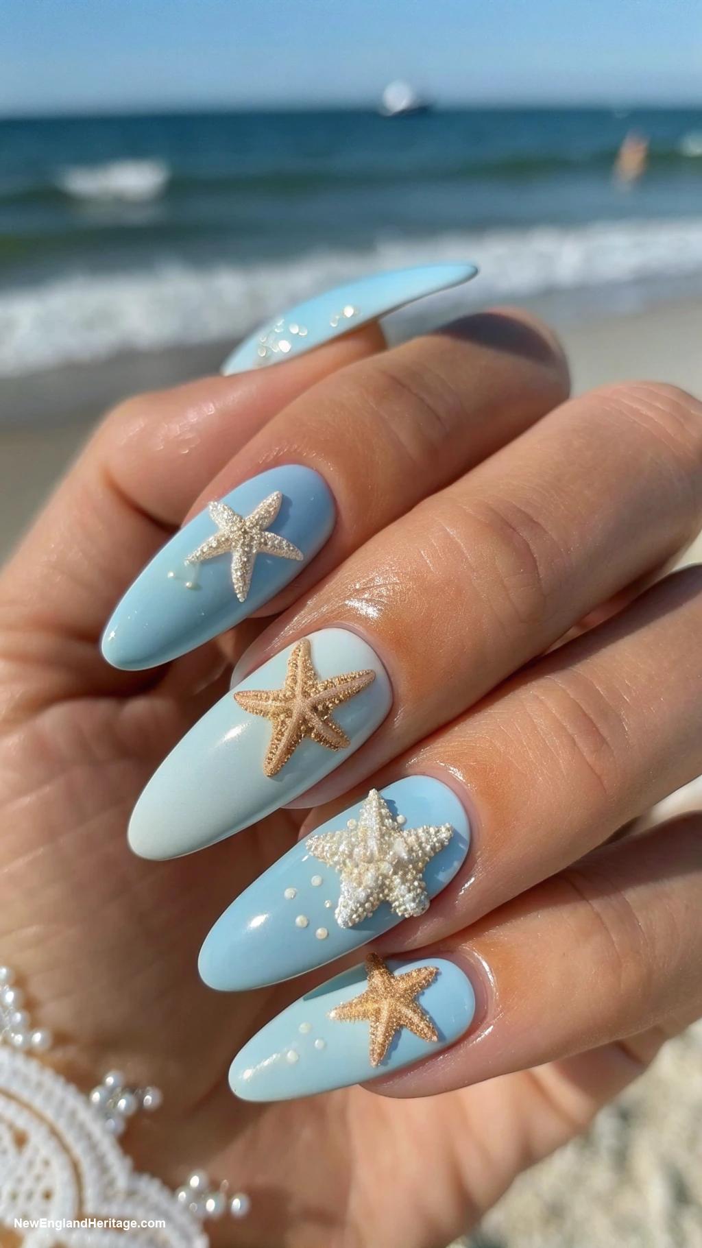 coastal nails Light blue with starfish details