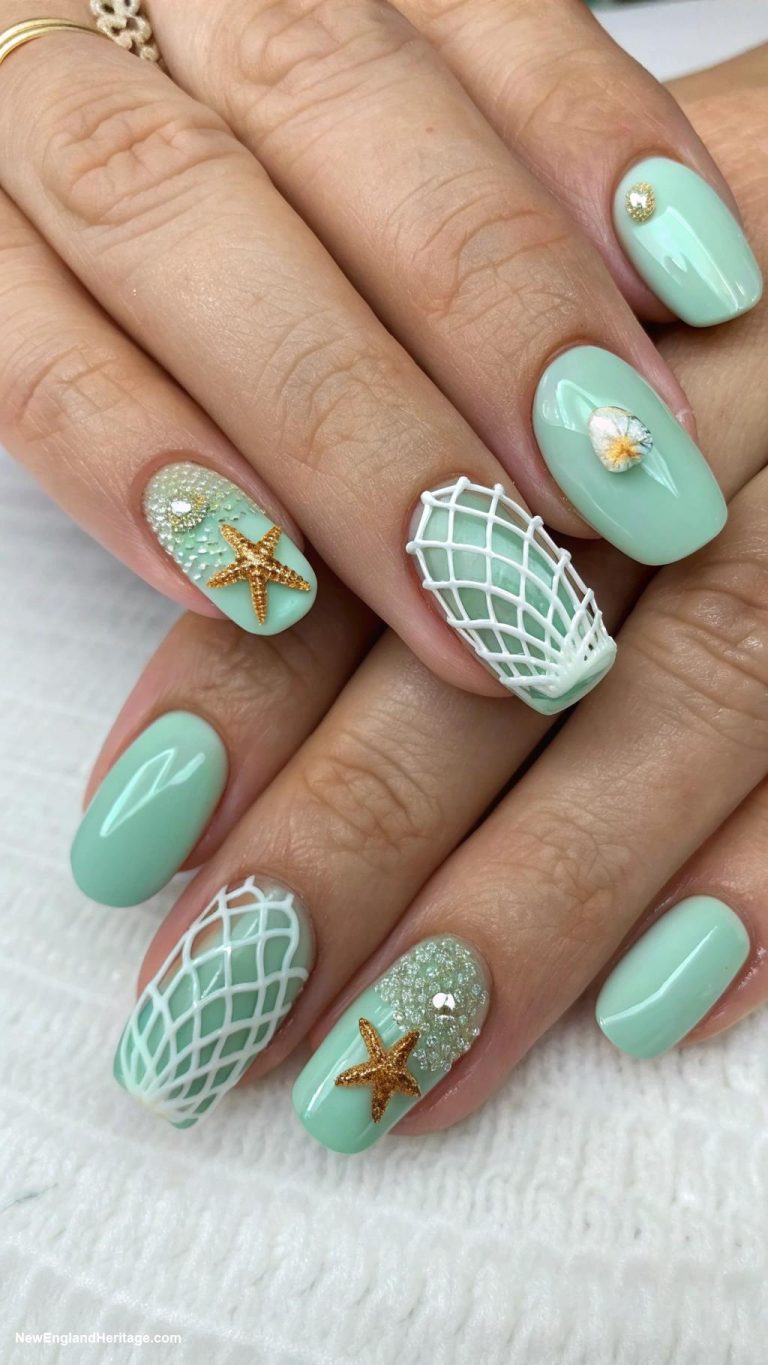 coastal nails Mint green with fishing net textures