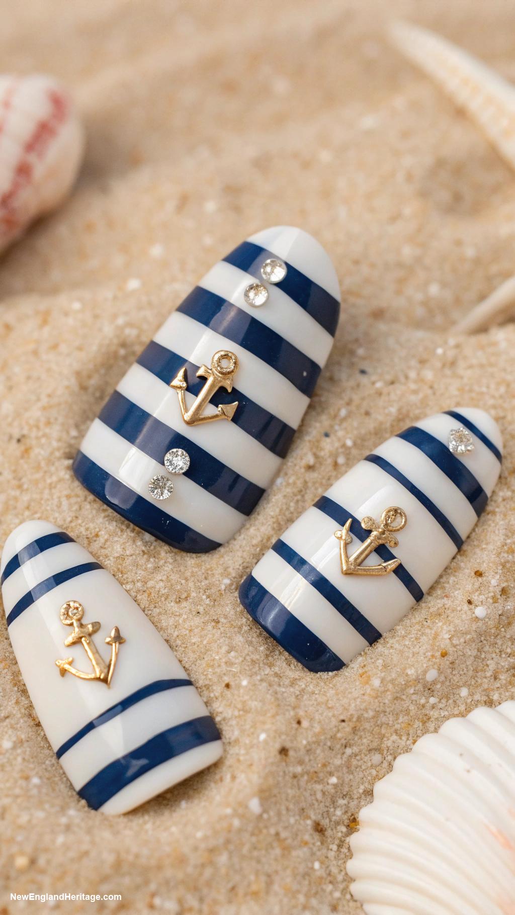 coastal nails Nautical stripes with anchor accents