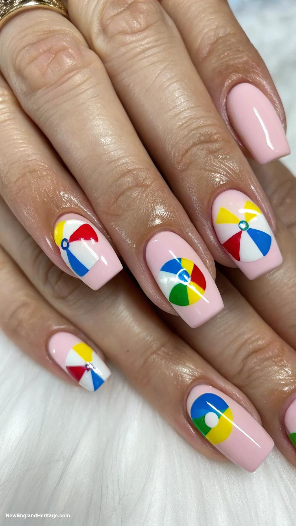 coastal nails Shell pink with beach ball patterns