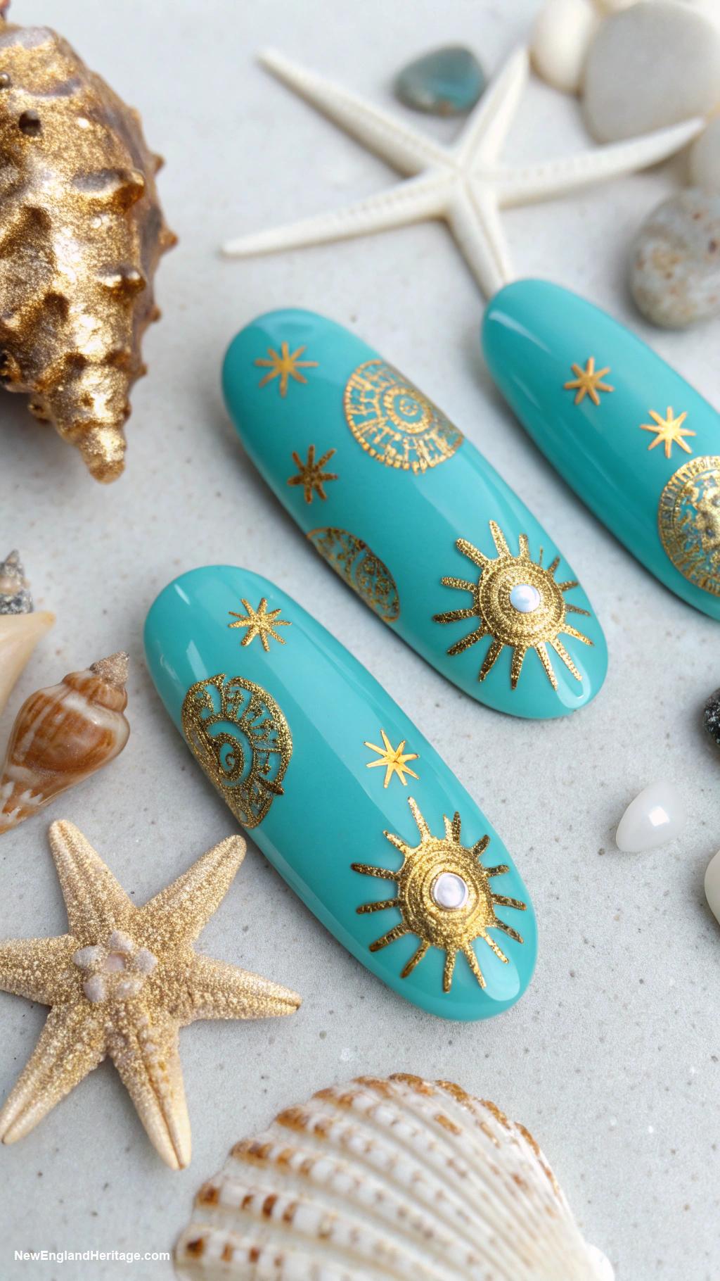 coastal nails Turquoise with golden sunburst designs