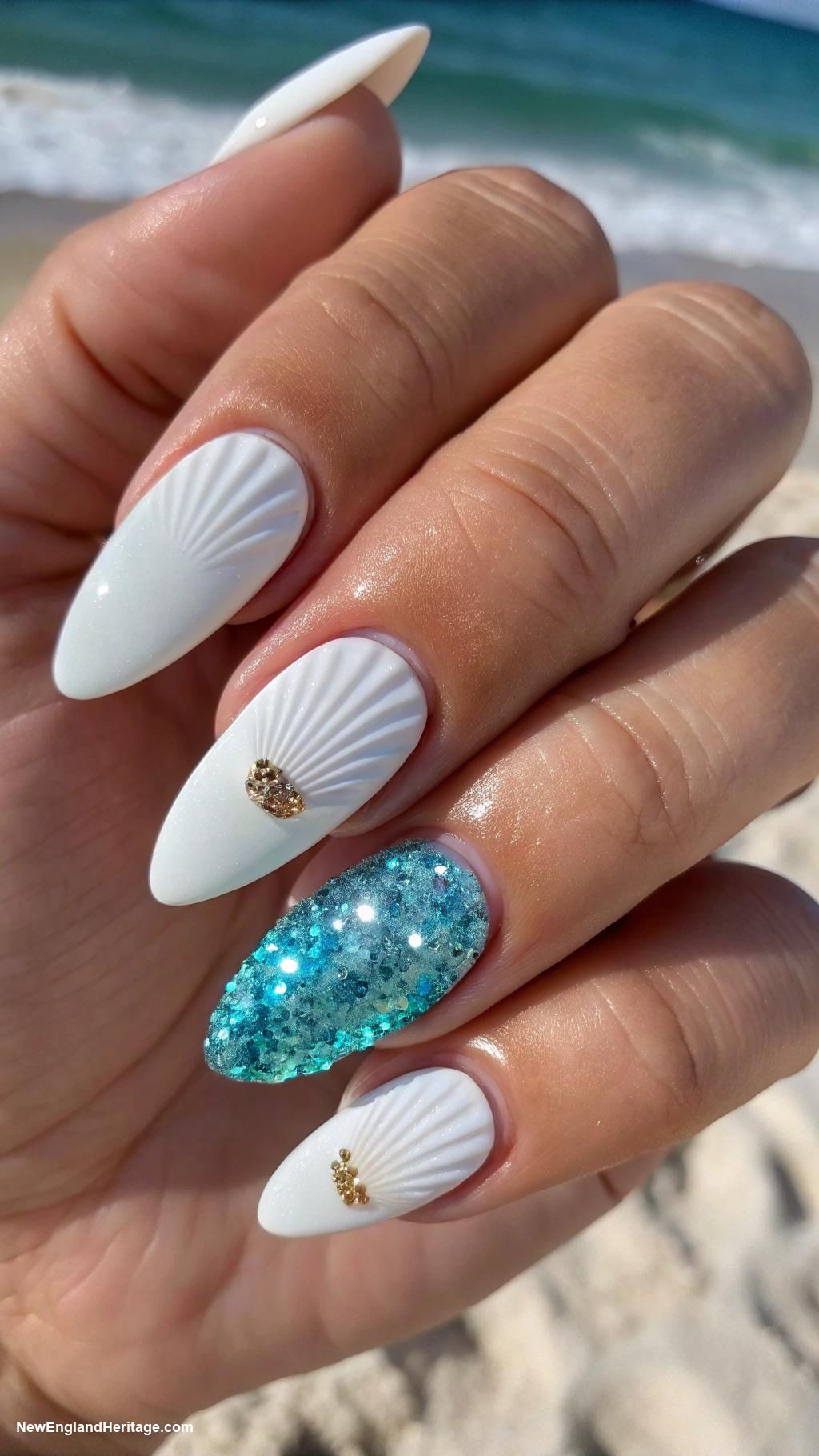 coastal nails White with ocean inspired glitter tips