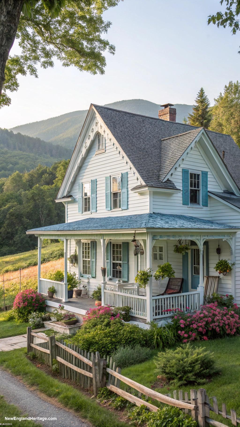 english cottage style Charming white clapboard siding with shutters