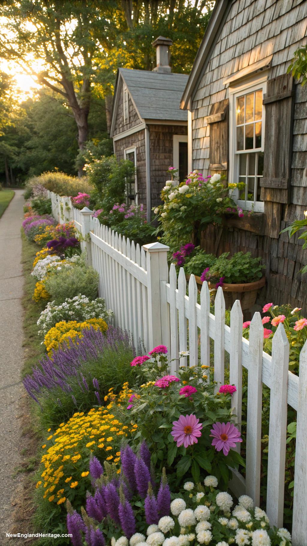 english cottage style Charming white picket fence with flower beds