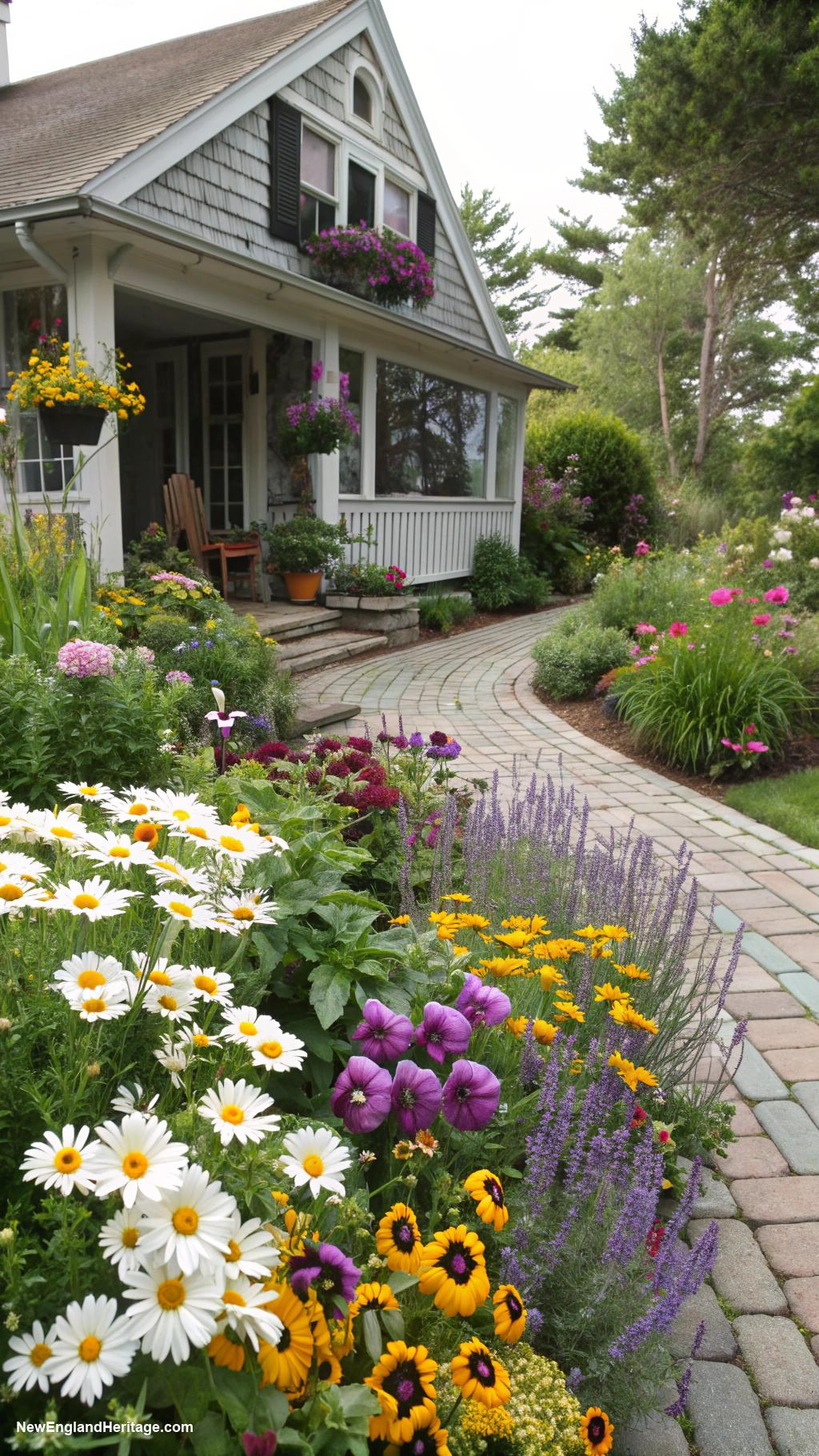 english cottage style Cottage garden filled with seasonal blooms