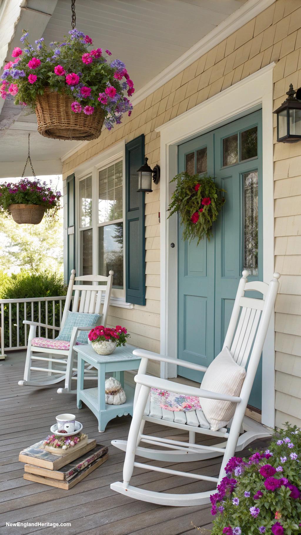 english cottage style Cozy front porch with rocking chairs