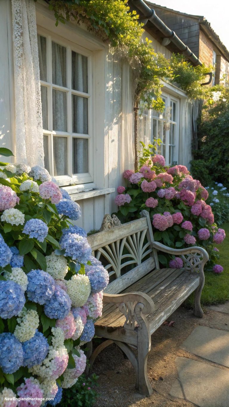 english cottage style Garden bench surrounded by hydrangeas