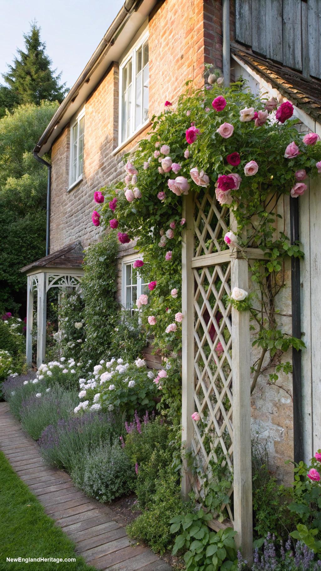 english cottage style Latticework trellis adorned with climbing roses